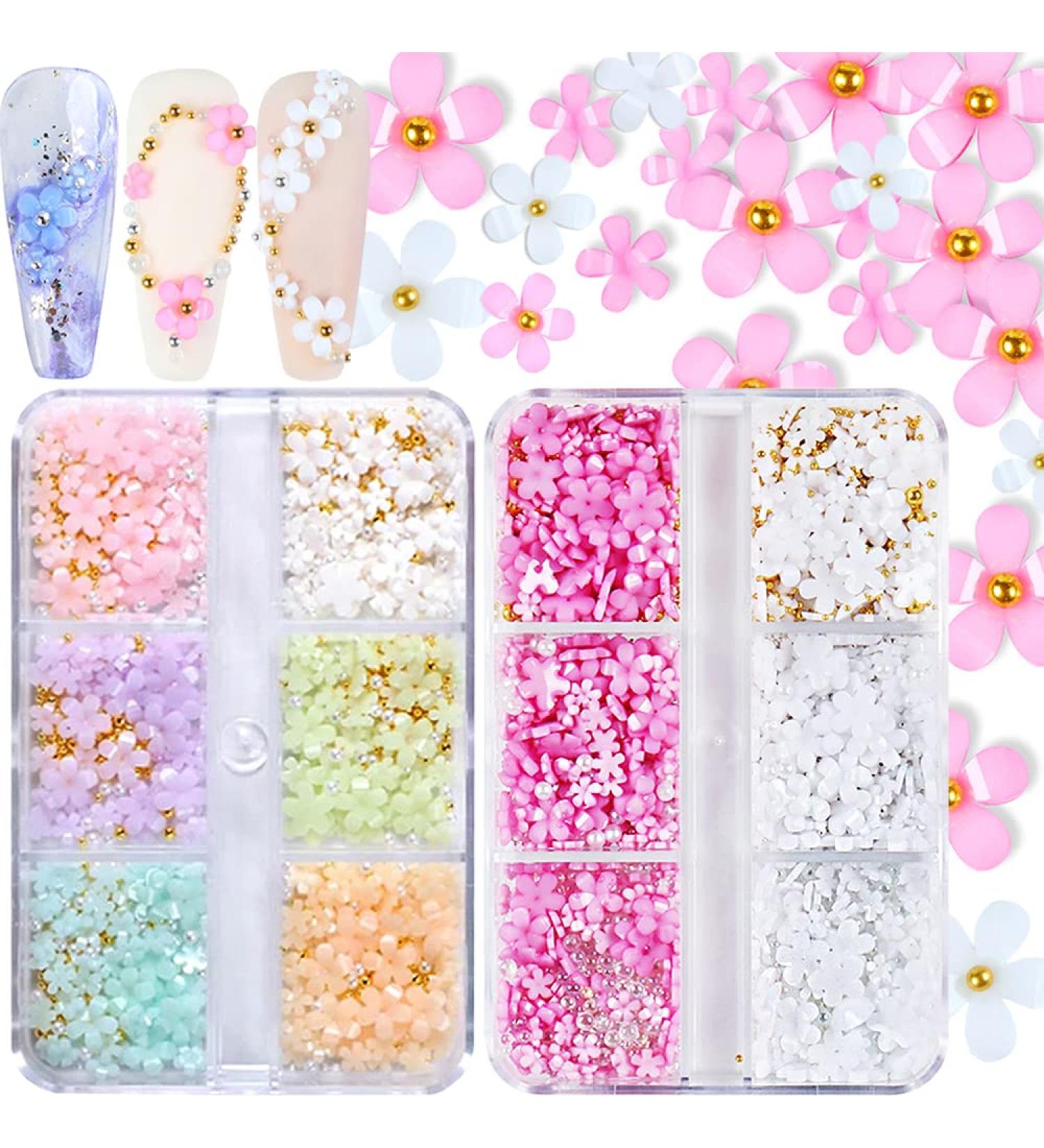 3D Flower Nail Charms - White Pink Cherry Blossom Rhinestones - 2 Boxes Acrylic Nail Art Supplies for Manicure DIY Decorations - Buy Online on GoSupps.com