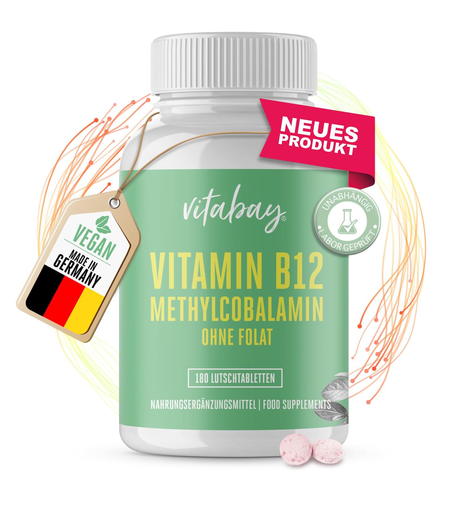 Buy Vitabay Vitamin B12 Lollipops 500 g - 180 Vegan Tablets - High Dose Methylcobalamin Supplement - Folate-Free - Buy Online on GoSupps.com