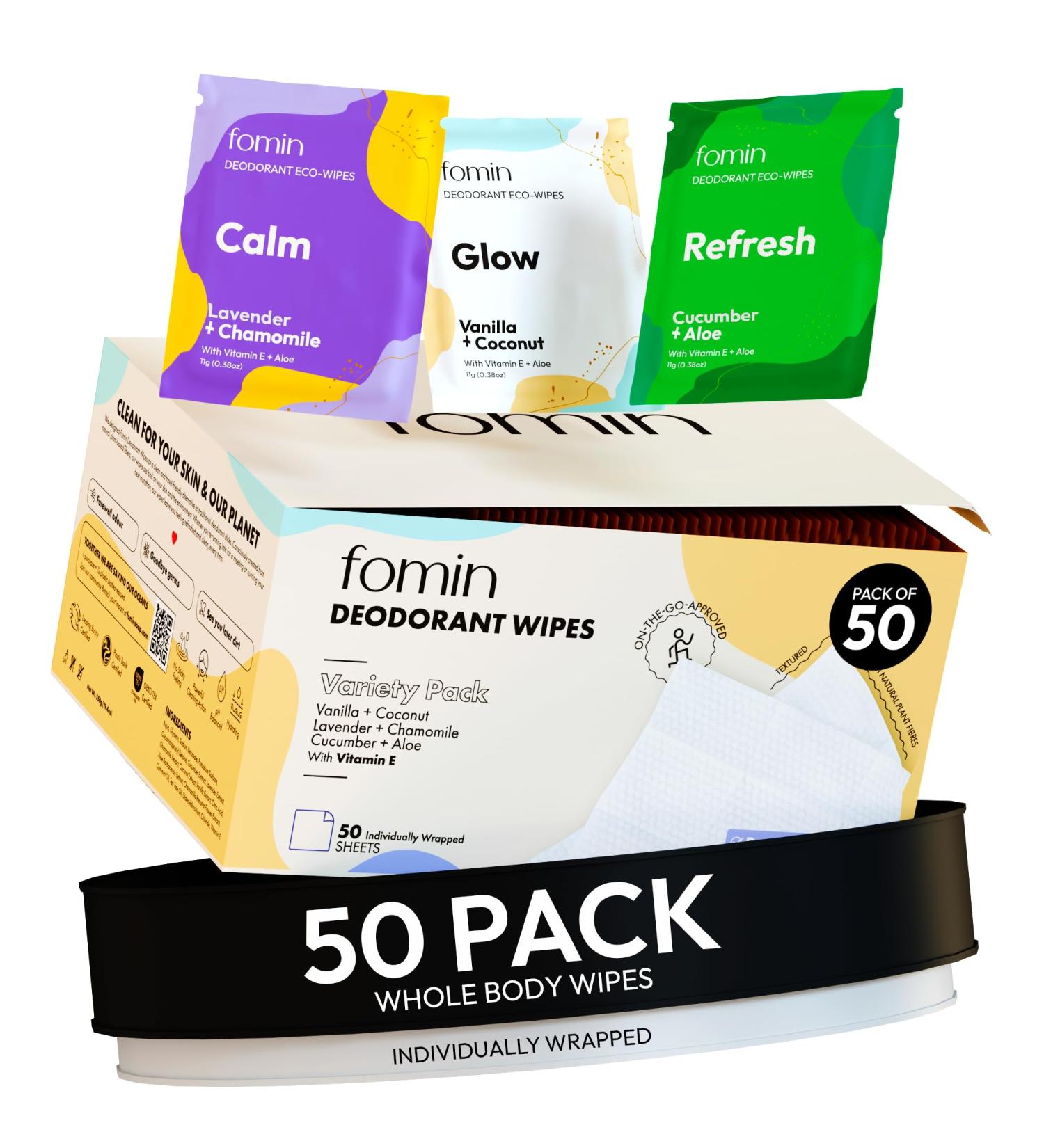 FOMIN Travel Deodorant Wipes - 50 Count - Variety Pack - pH Balanced Hypoallergenic Mini Deodorant Wipes For Women and Men - Plastic-Free Individually Wrapped Underarm & Body Wipes - Buy Online on GoSupps.com