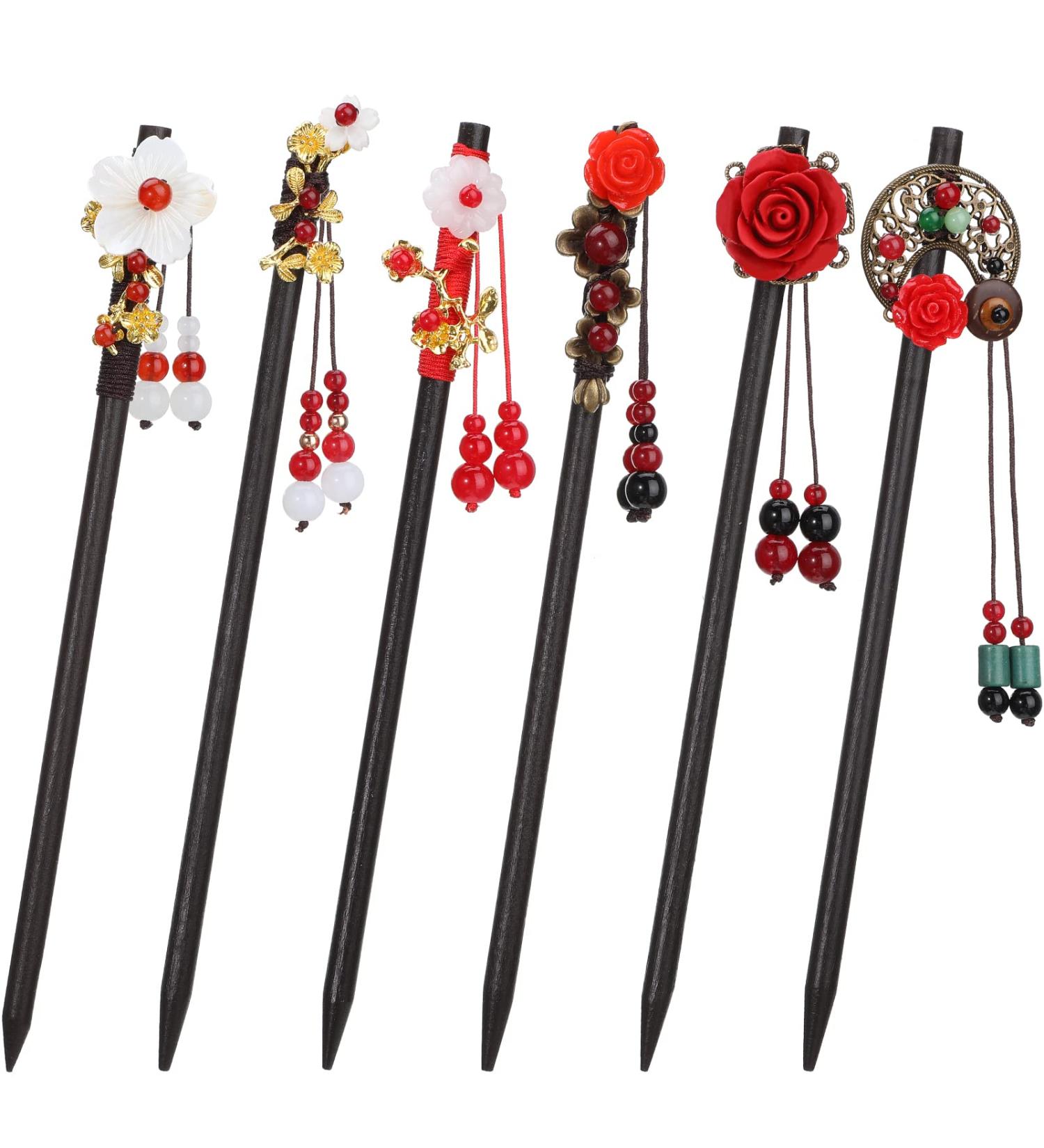 Chinese Wood Hair Sticks - 6 Piece Set with Vintage Pattern Tassels and Retro Flower Design | Handmade Wooden Hairpins for Women and Girls with Long Curly Hair | Classic Hair Accessories - Buy Online on GoSupps.com