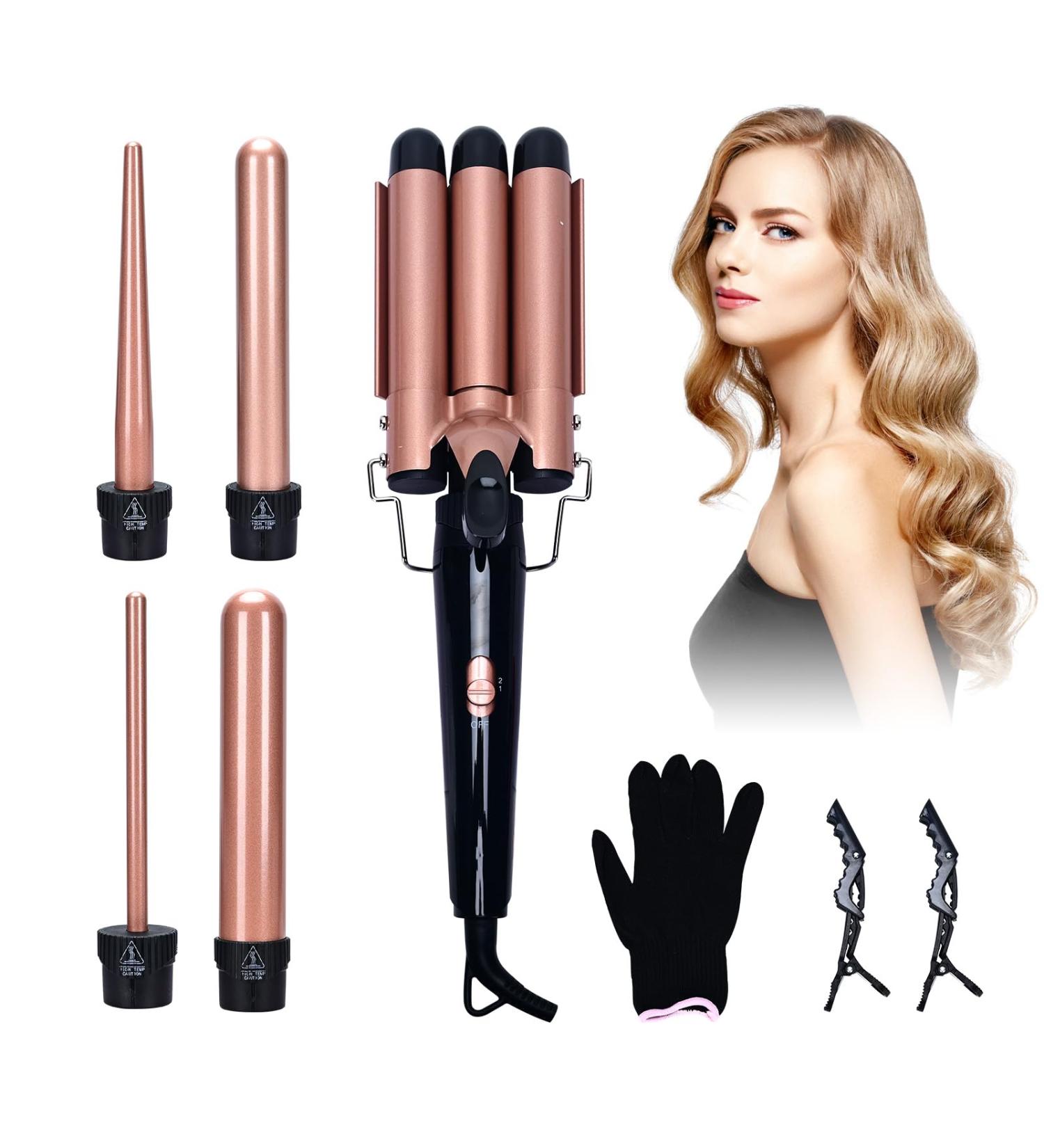 Curling Wand Set Wand Curling Iron Lychee 5 in 1 PRO Hair Curling Iron Tapered Hair Curler with Interchangeable Ceramic Barrels Instant Heating Adjustable Temperature Heat Protective Glove Hair Clip (Gold) - Buy Online on GoSupps.com