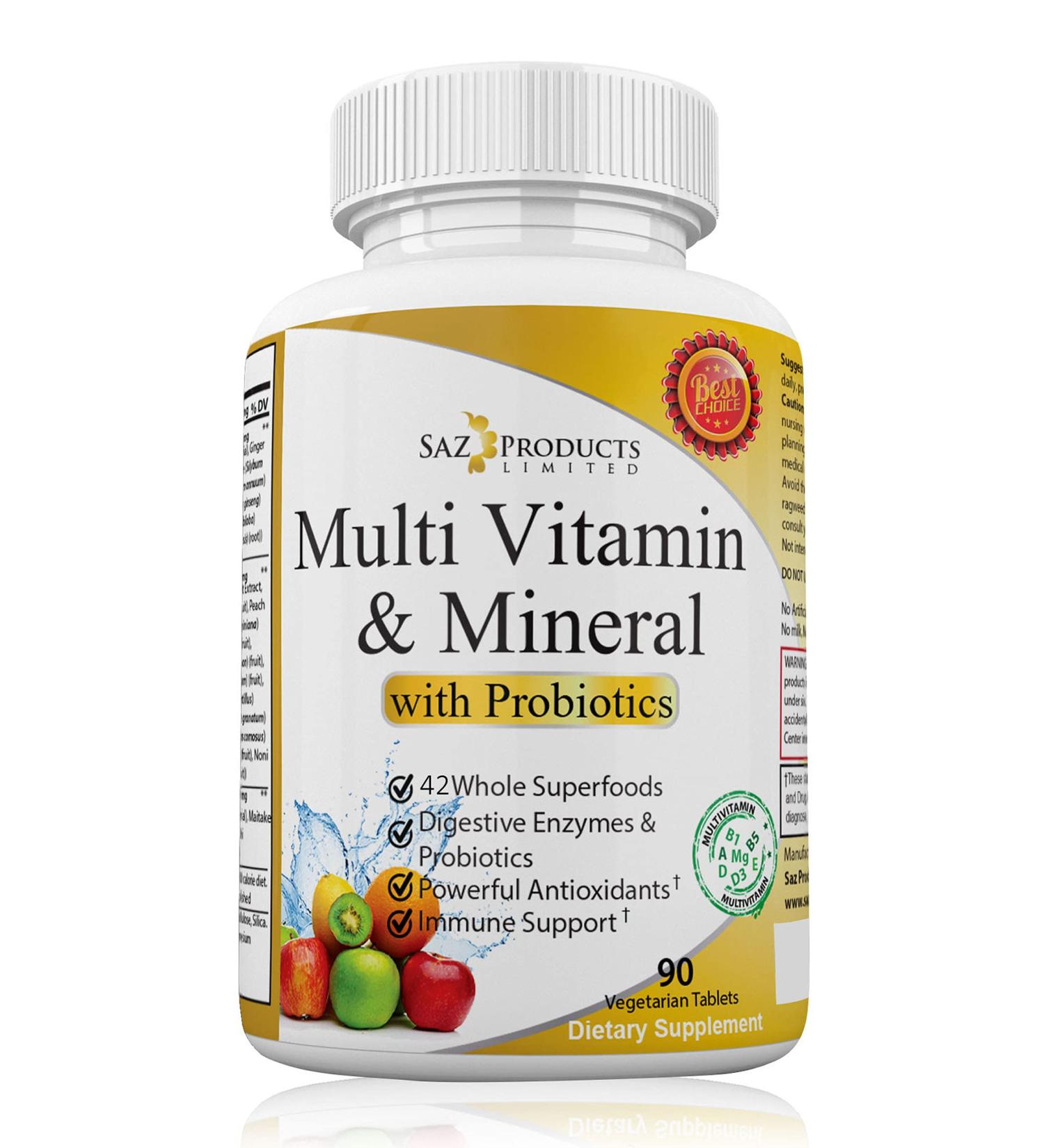 Saz Whole Foods Multivitamin with Probiotics for Women & Men - 90 Tablets - Vitamin & Mineral Supplement with Probiotics, Vitamin A, B-Complex, C, D3 & Zinc - Buy Online on GoSupps.com