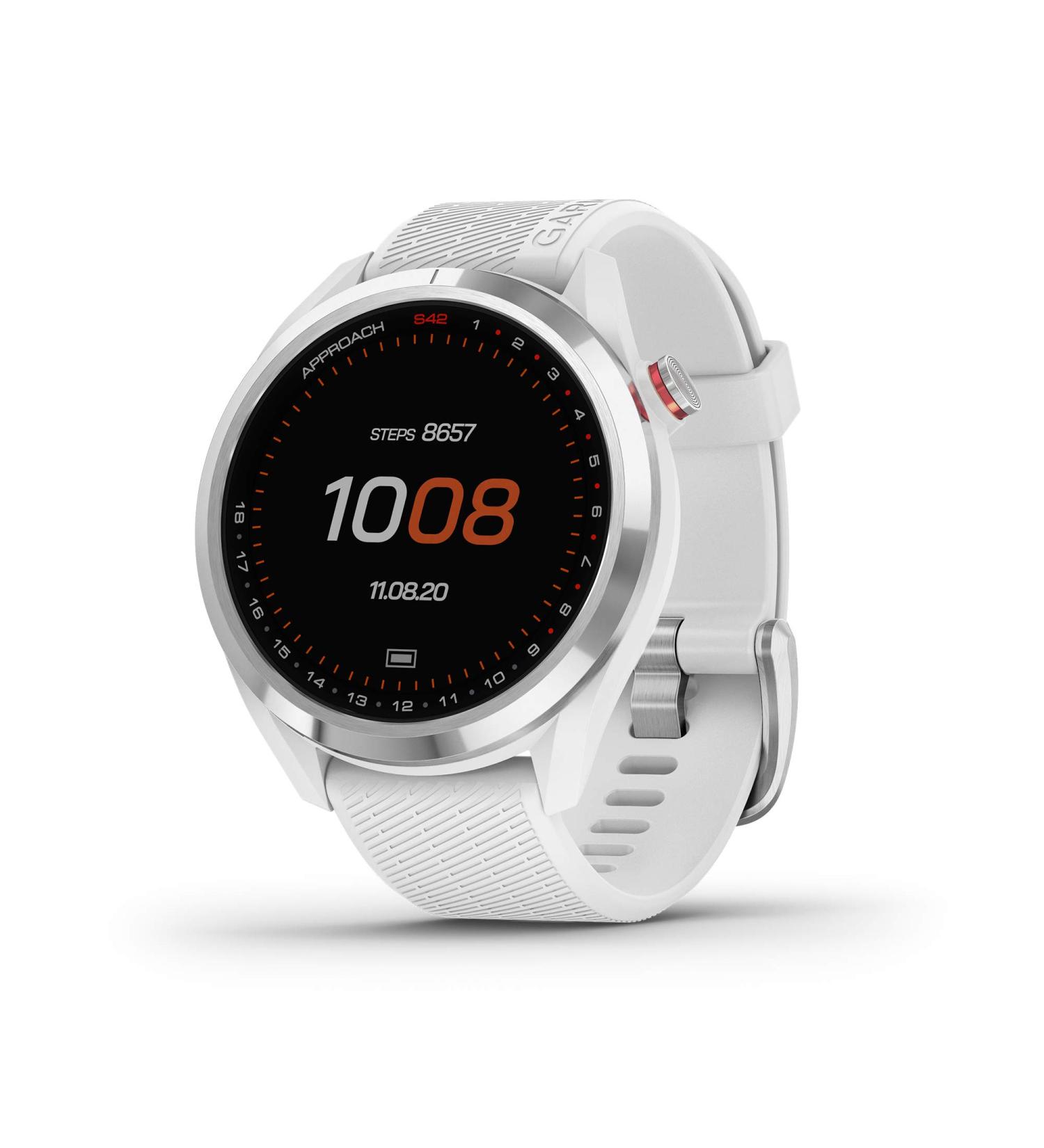 Garmin Approach S42 GPS Golf Smartwatch | Lightweight 1.2 Touchscreen | 42k+ Preloaded Courses | Silver Ceramic Bezel | White Silicone Band - Buy Online on GoSupps.com