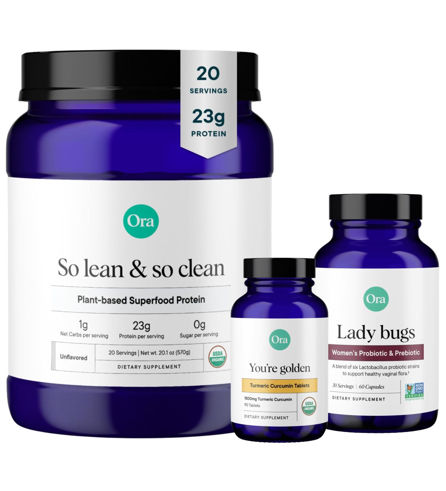 Ora Organic Protein Probiotics Prebiotics & Turmeric Curcumin Bundle: 21g Plant Based Protein Powder Unflavored 20 Servings + 60 Vegan Probiotic Capsules + Pure Turmeric 90 Vegan Tablets - Buy Online on GoSupps.com