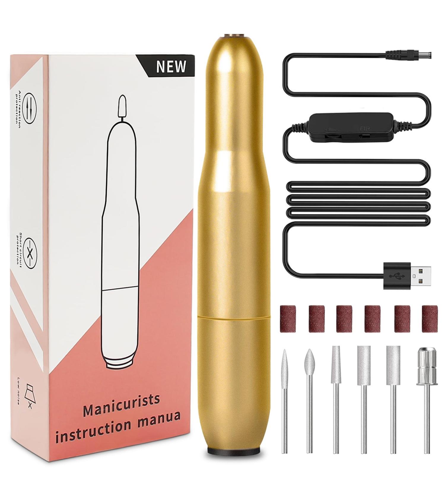 Professional Electric Nail Drill Set - 20000 RPM, Adjustable Speed, Portable Manicure Pedicure Kit with Drill Bits and Sanding Bands in Gold - Buy Online on GoSupps.com