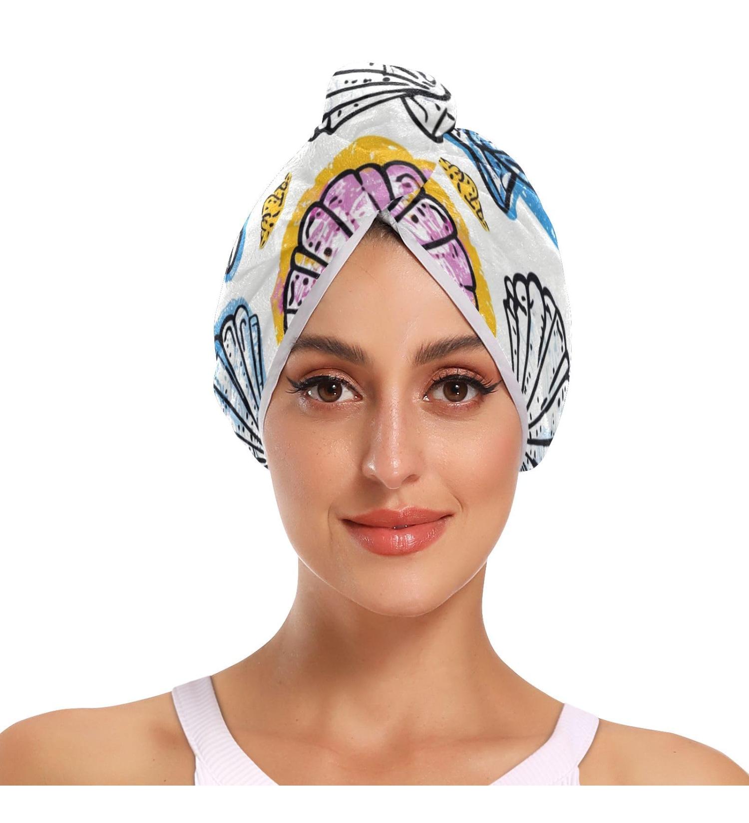 Purple Blue Yellow Seashells Hair Towel 2 Pack - Super Absorbent Quick Dry Hair Turbans with Button Twist for Women & Girls - Buy Online on GoSupps.com