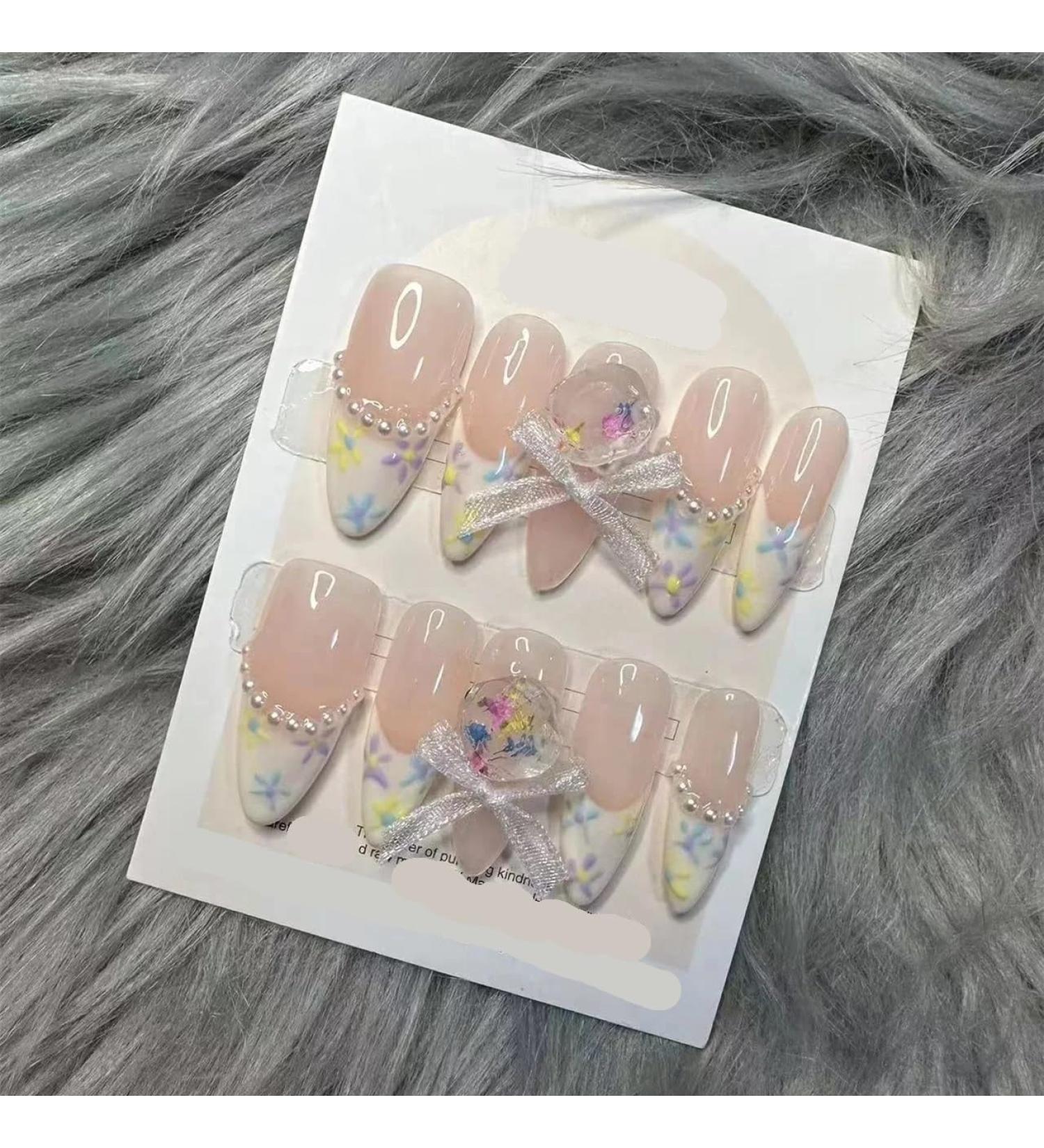 10Pc Blush Powder Almond False Nails Relief Hand drawn Bow Star Design Press on Nails Handmade Full Cover False Nail Tips(Color:8 Size:S)