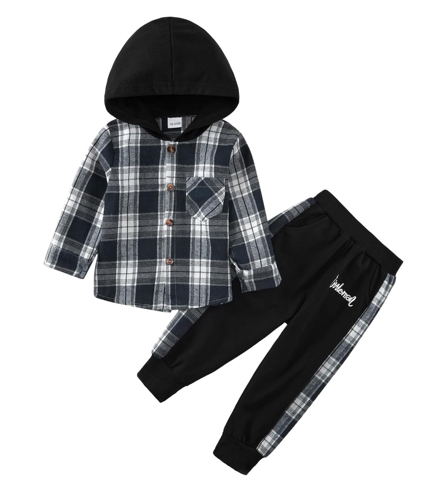 Naiyafly Toddler Boys Hoodie Plaid Sweatshirt + Pants Outfit Set | 18-24 Months Dark Blue Plaid - Buy Online on GoSupps.com