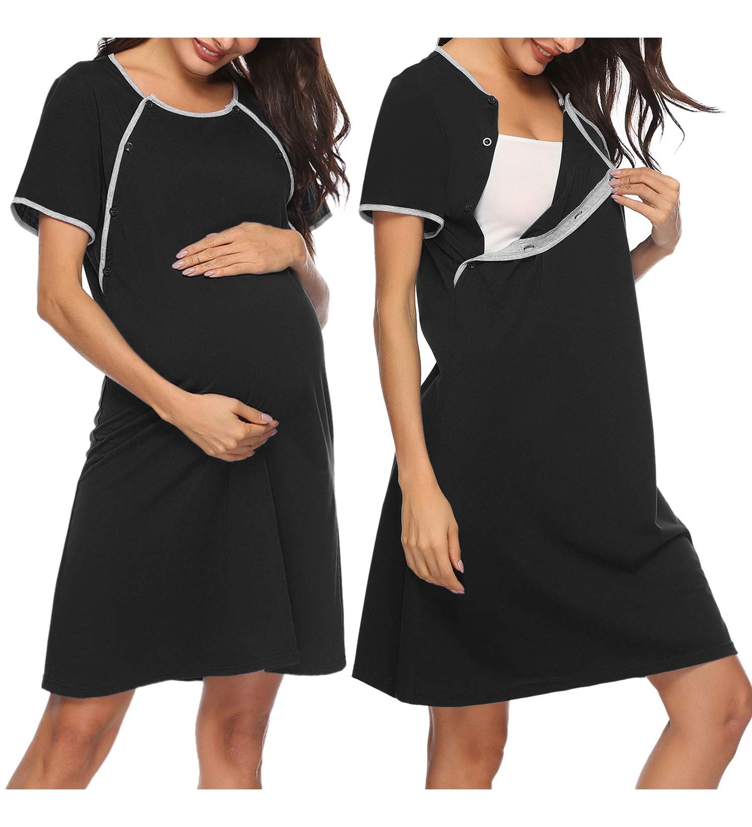Sykooria Women's Maternity Nursing Nightdress - Short Sleeve V Neck Nightgown in Black - Soft Sleep Shirt for Pregnant Women - Buy Online on GoSupps.com