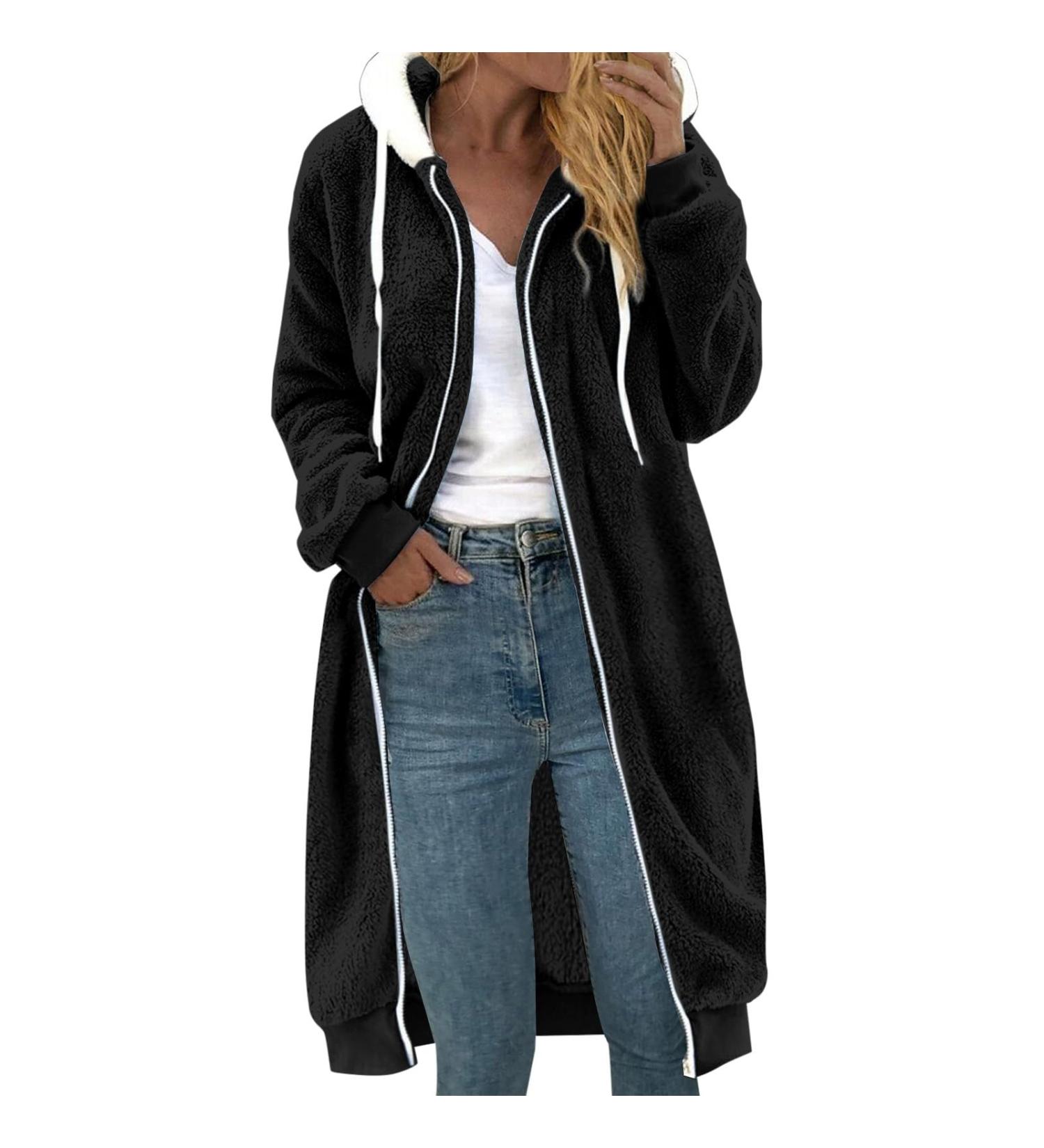 Shop Hanxiulin Women's Fleece Plush Jacket - Warm Hooded Wool Coat for Autumn & Winter | Fluffy Zippered XL Black Jacket - Buy Online on GoSupps.com