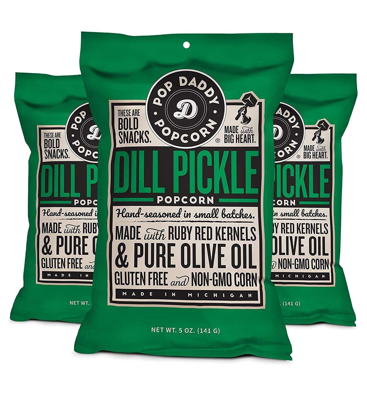Dill Pickle Gourmet Pop Daddy Popcorn | Hand Seasoned Ruby Red Kernels | Gluten Free Snacks | 5oz Individual Bags | 3 Pack - Buy Online on GoSupps.com