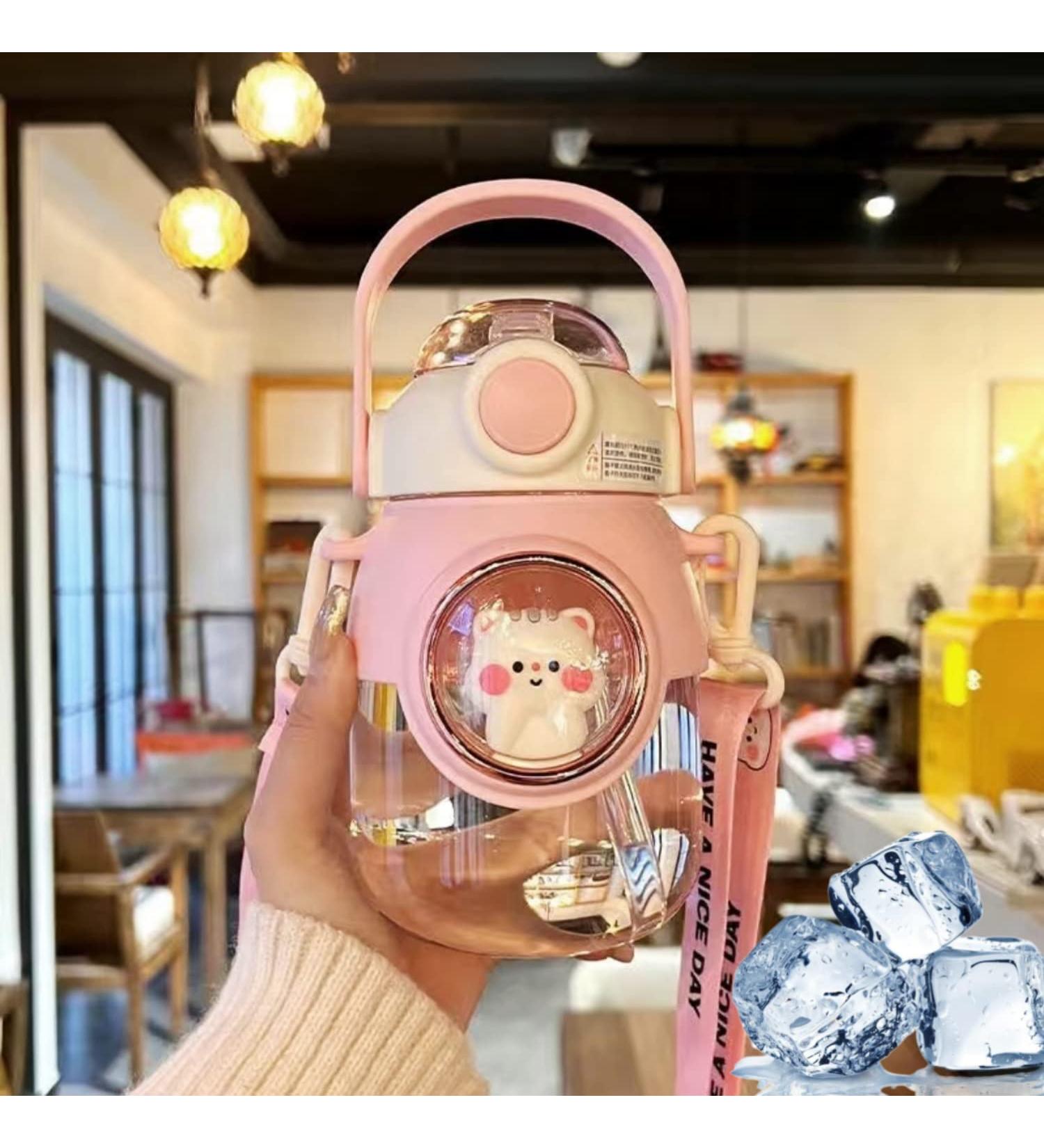 LEJN Kawaii Pink820ml Water Bottle | Adjustable Shoulder Strap | Leakproof BPA-free Cartoon Children Cup | Portable Capsule Bottle for Traveling & Hiking - Buy Online on GoSupps.com