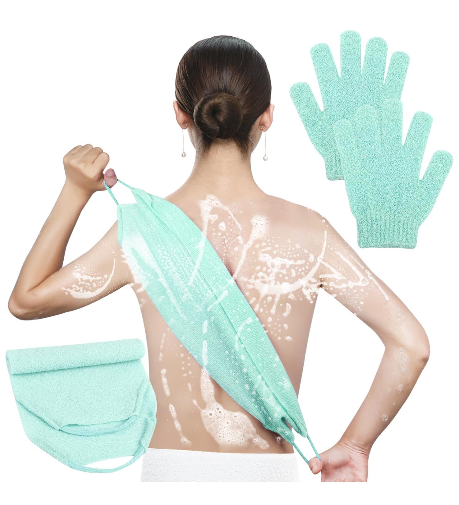 Exfoliating Shower Bath Gloves & Back Scrubber Set - Daily Body & Face Scrub for Ultimate Exfoliation (Green - Buy Online on GoSupps.com