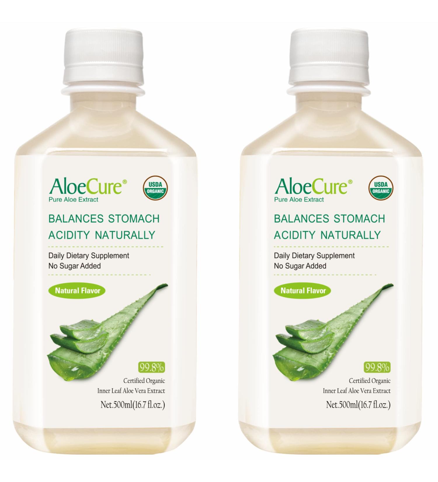 AloeCure Pure Organic Aloe Vera Juice - Natural Flavor, USDA Certified, Acid Buffer - 2x500ml Bottles, No Charcoal Filtering - Inner Leaf, Harvested and Processed for Maximum Nutrients - Buy Online on GoSupps.com