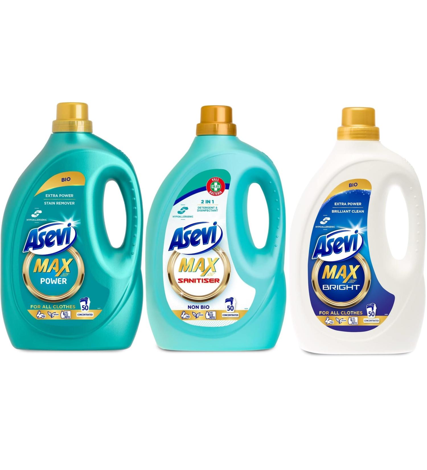 Asevi Max Bundle (3 x 50w) Hypoallergenic Bio Laundry Detergent Concentrated Liquid Laundry Cleanser | Bright Power Sanitiser - Buy Online on GoSupps.com