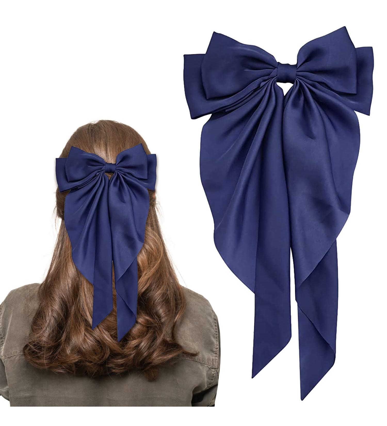 Navy Blue Big Bow Hair Clip for Women - Satin French Hair Barrette with Long Ribbon | Soft and Silky Hair Bows for Girls - Buy Online on GoSupps.com