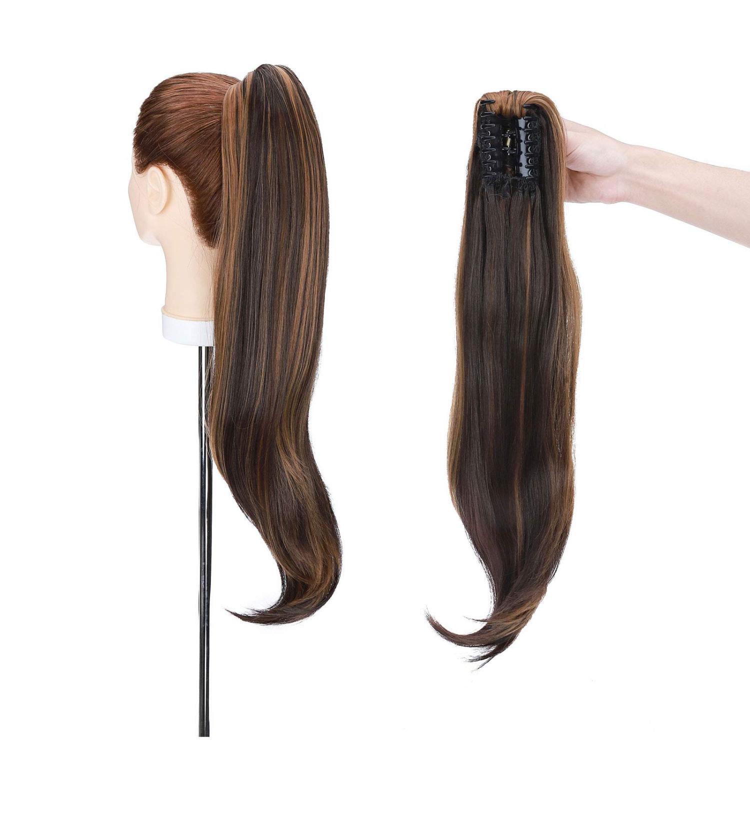 Curly Clip-In Ponytail Extensions - 55cm Wavy Synthetic Hair for Women - Dark Brown & Sandy Blonde - Buy Online on GoSupps.com