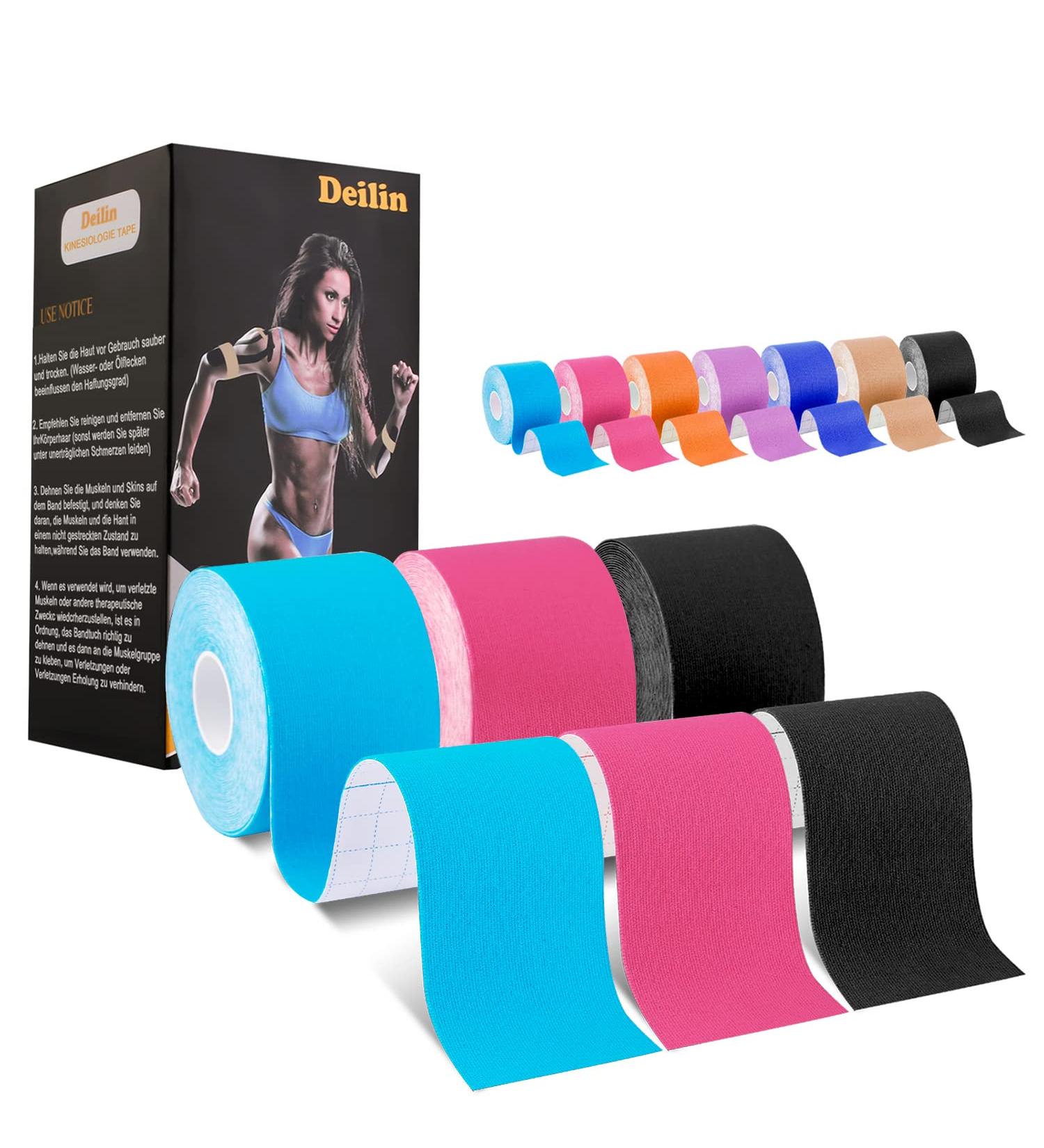 Deilin Kinesiology Tape 19.7ft Roll | Elastic Therapeutic Sports Tapes | Waterproof | Latex Free | Blue, Black, Pink - Buy Online on GoSupps.com