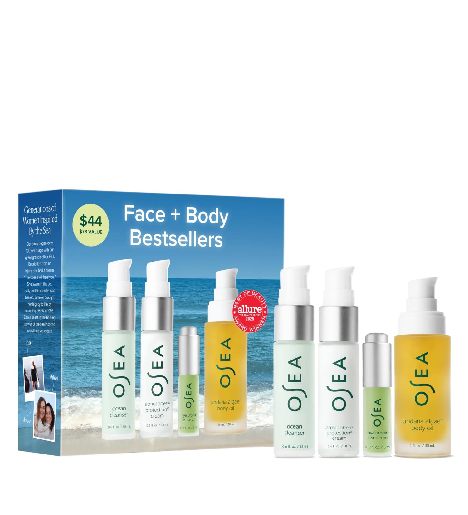 OSEA Bestsellers Set For Face + Body -4-piece Skin Care Set - Body Oil, Face Cleanser, Face Cream, & Hyaluronic Acid Serum - Clean Beauty Travel Set - Ideal for Beauty Gifts