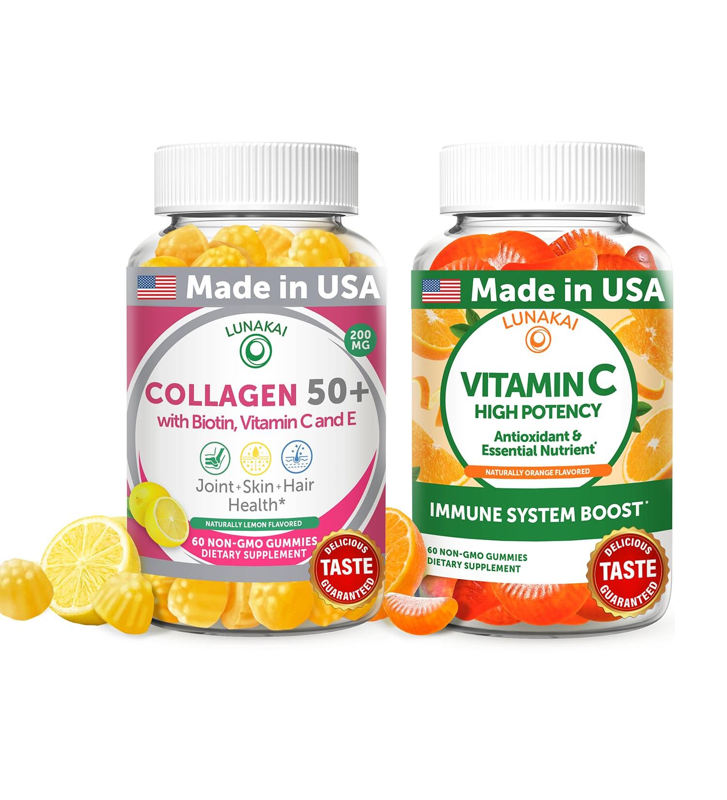Lunakai USA Made Collagen & Vitamin C Gummies Bundle for Adults 50+ Supports Skin Hair Joint Health & Immune Function Non-GMO Vegan Delicious Lemon & Orange Flavors 60ct Each - Buy Online on GoSupps.com