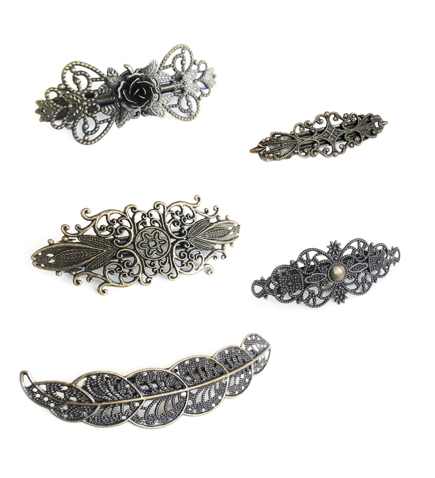Vintage Bronze Hair Clips for Women - 5-Piece Set | French Metal Hairpins for Valentine's Day - Roses Hearts & Flowers - Buy Online on GoSupps.com