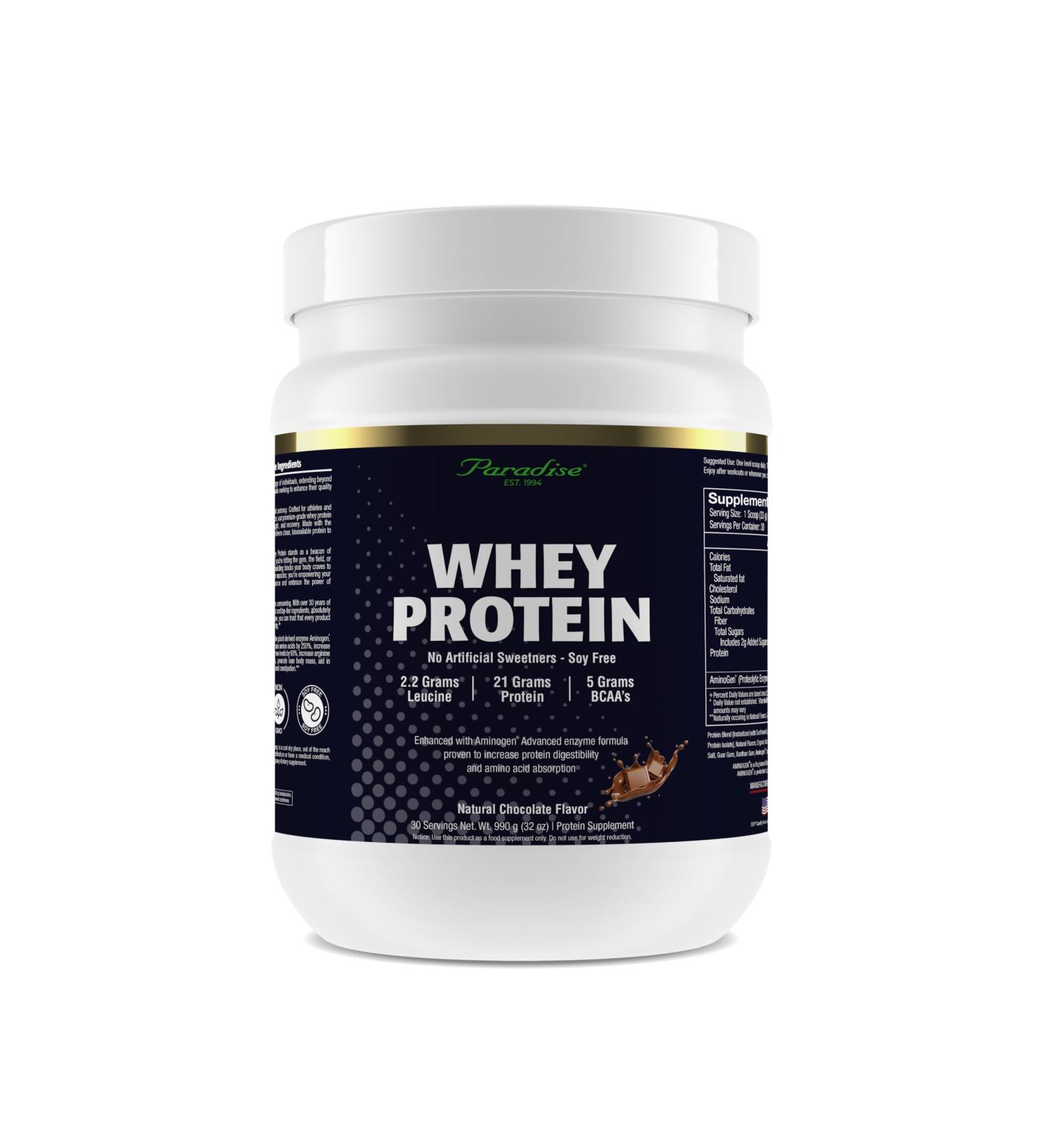 Paradise Herbs 100% Whey Protein Powder, Chocolate, 21g Protein, 5.5 BCAA's, 2.2g L-Leucine, 210mg Aminogen, 30 Servings