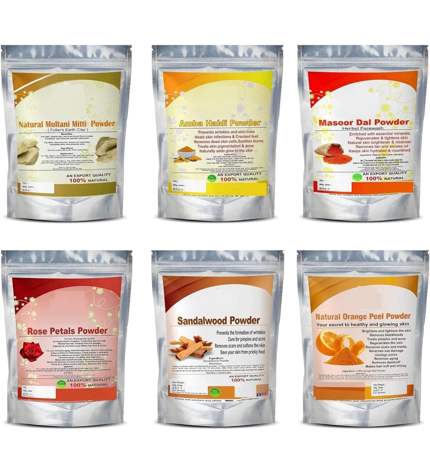 NN Face Pack for Healthy and Glowing Skin Combo Pack of Multani Mitti Sandalwood Orange Peel Rose Petals Masoor Dal Amba Haldi Powder (Every 50g) - Buy Online on GoSupps.com
