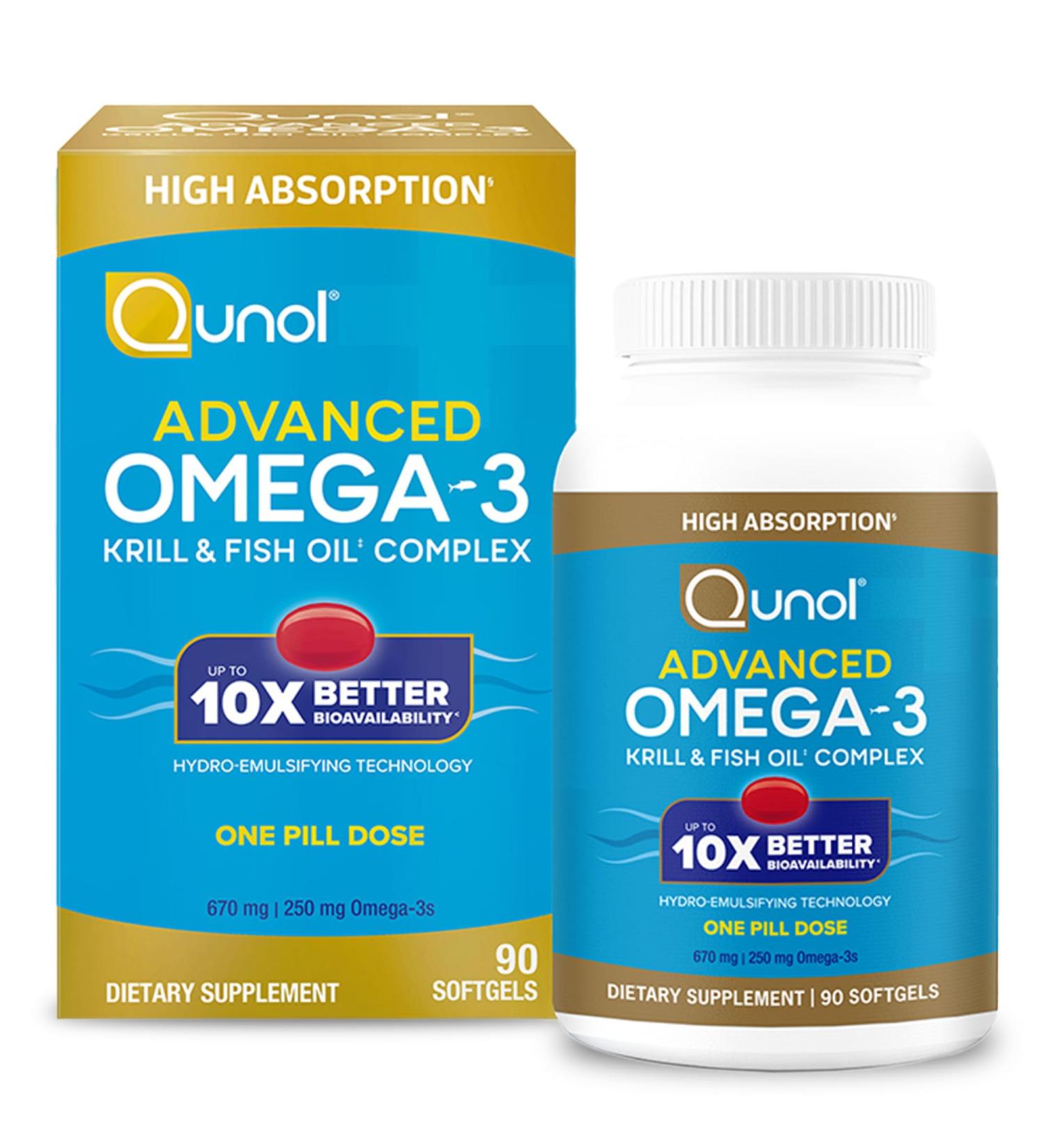 Qunol Advanced Omega 3 Krill and Fish Oil Complex 10x Better Bioavailability One Pill Dose 250mg EPA & DHA Supports Brain Eye Heart and Joint Health 90 Count (Pack of 1) - Buy Online on GoSupps.com