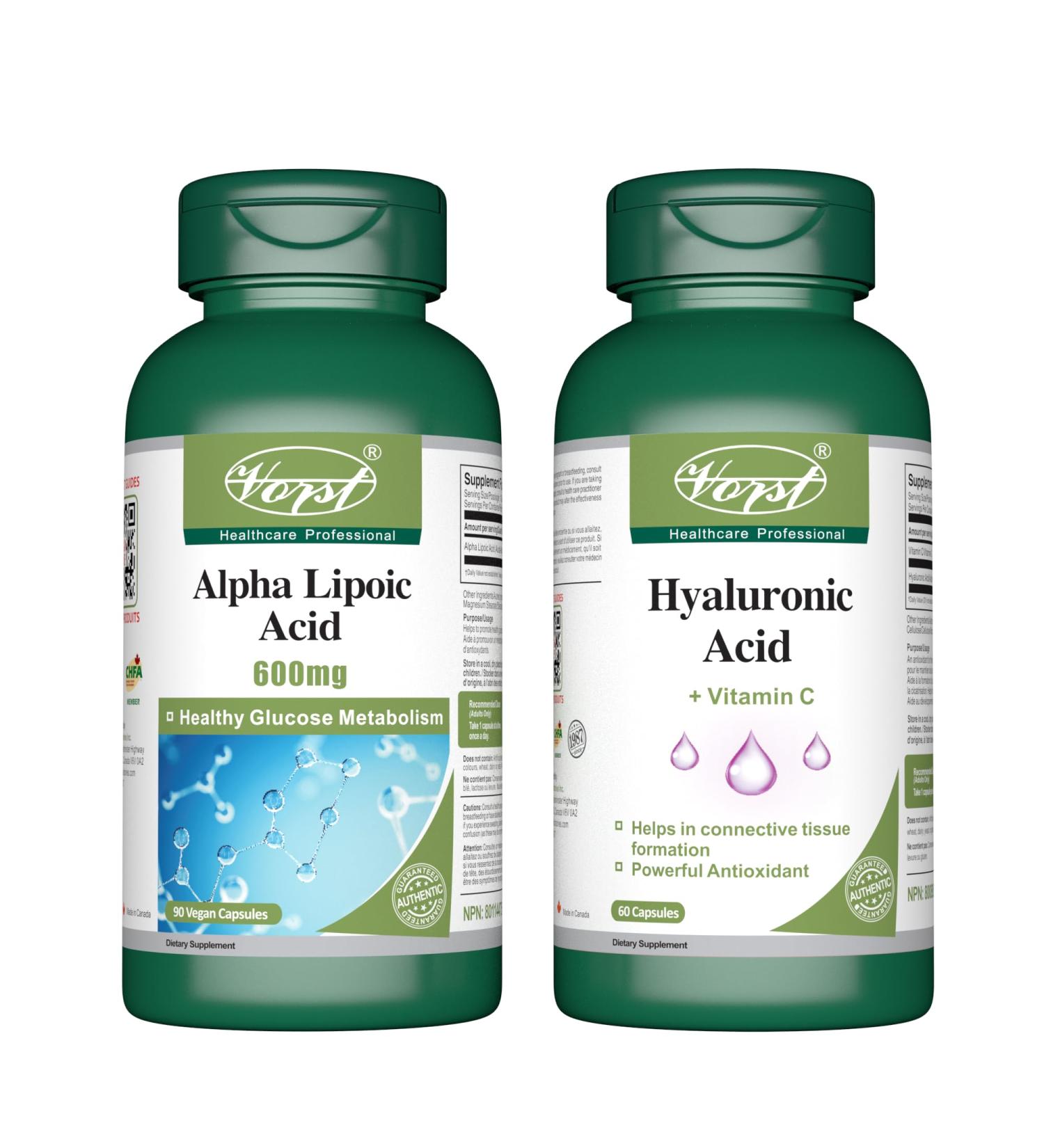 VORST Alpha Lipoic Acid 600mg 90 Vegan Capsules & Hyaluronic Acid with Vitamin C 60 Capsules (Combo Bundle 2 Bottles) - Buy Online on GoSupps.com