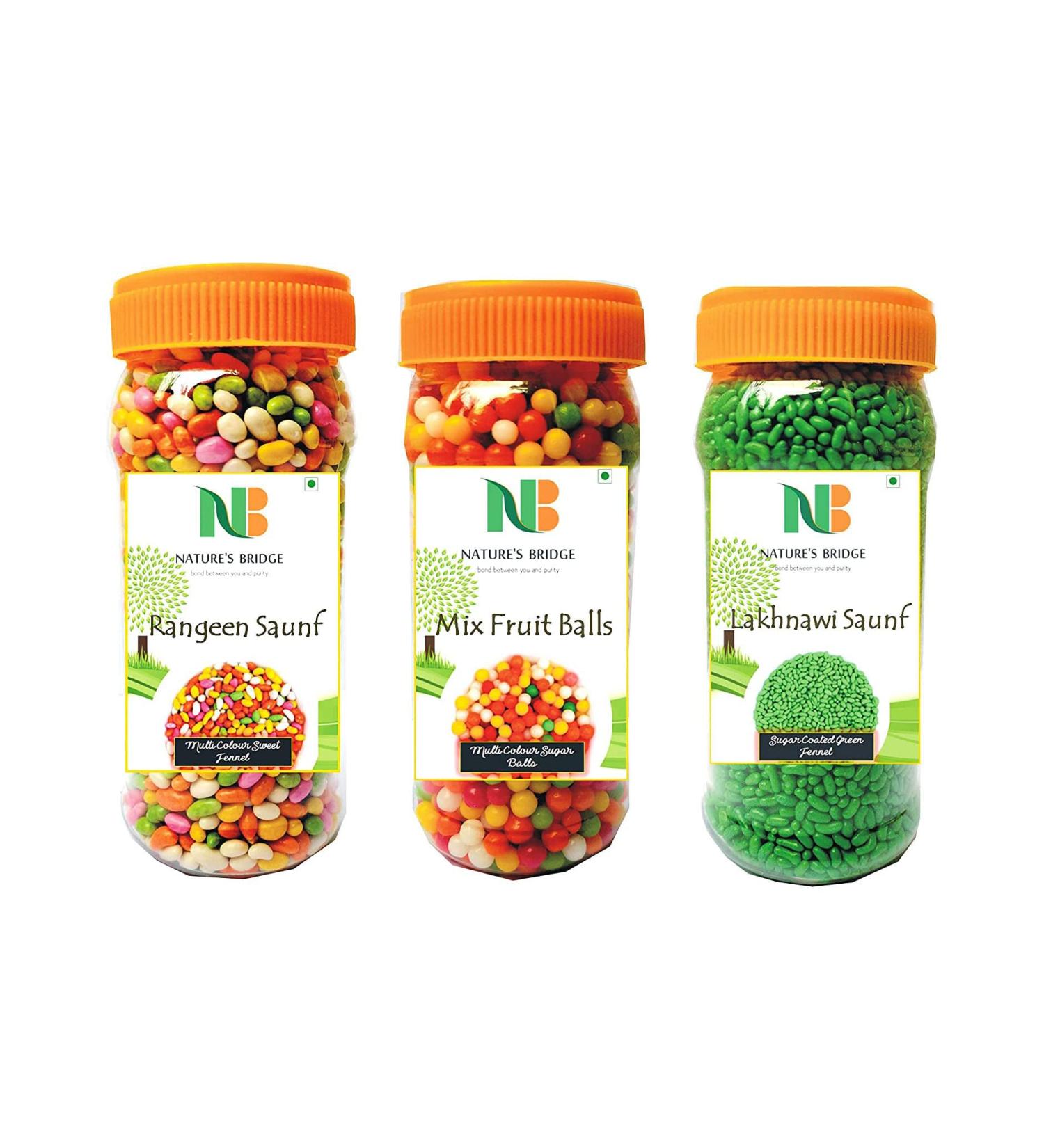 Nature's Bridge Rajasthani Mukhwas Combo Jar Pack of 3 / Multicolor Sweet Saunf Sugar Balls Lakhnawi Saunf Each 200gm / Sweet Fennel / Mouth Fresheners Combo (200 Gm X 3)_Packing May Vary - Buy Online on GoSupps.com