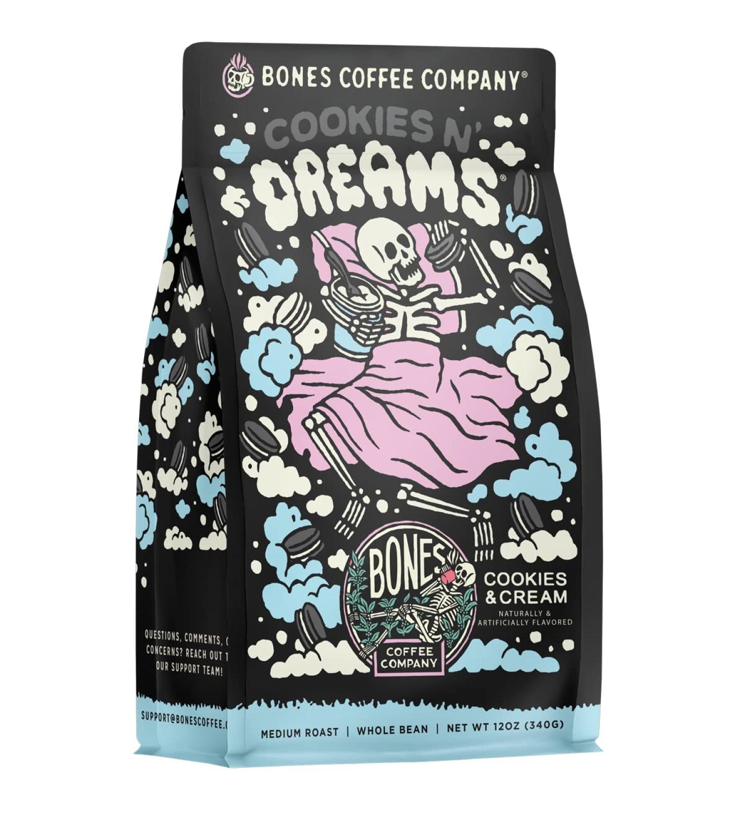 Bones Coffee Company Cookies 'N Dreams 12 oz Ground Coffee - Cookie & Creams Flavor | Medium Roast Arabica Beans | Flavored Coffee Gift - Buy Online on GoSupps.com