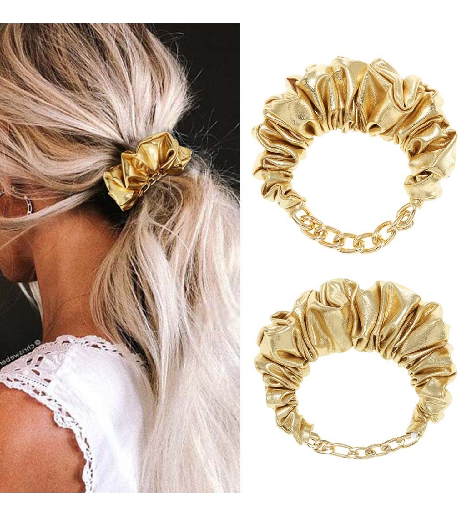 Bartosi Gold Hair Scrunchies - Pack of 2 | Elastic Hair Ties for Women and Girls | Sparkly Metallic Ponytail Holder | Fashion Hair Accessories - Buy Online on GoSupps.com