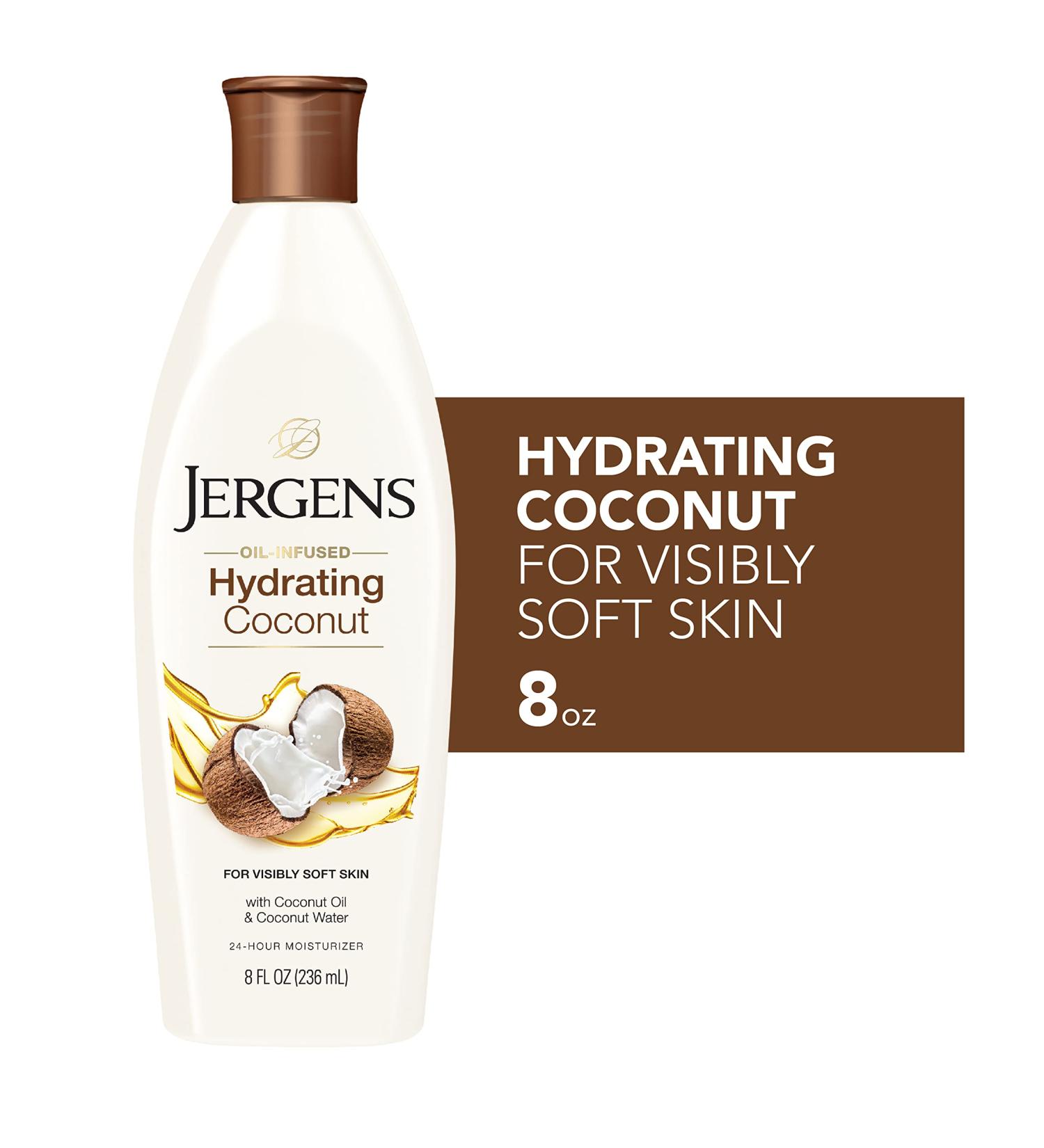 Jergens Hydrating Coconut Body Moisturizer 8 oz - Dermatologist Tested, Infused with Coconut Oil and Water for Long-Lasting Moisture - Buy Online on GoSupps.com