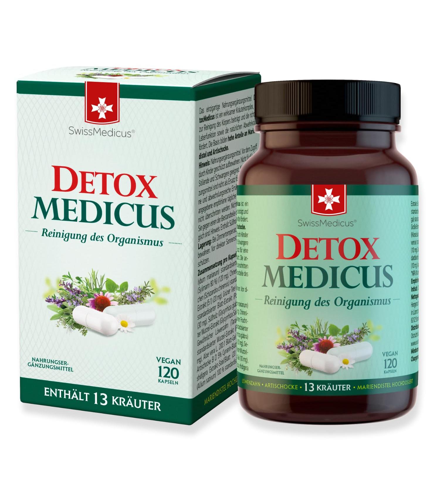 Swissmedicus Detox Medicus - 120 Vegan Capsules with High-Dose Milk Thistle Dandelion Artichoke & 10 Herbal Extracts | Organic Detox Cleanse Produced in Europe - Buy Online on GoSupps.com