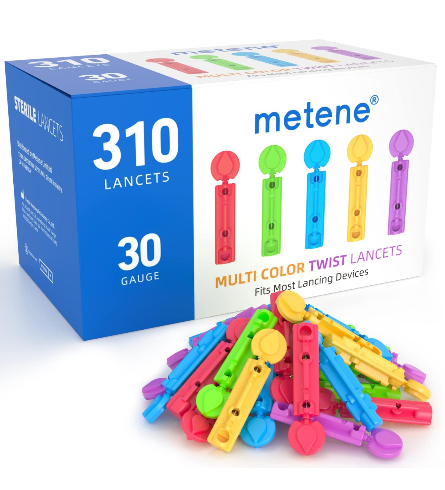 Metene Twist Top Lancets 30 Gauge 310 Count for Blood Sugar Tests - Diabetic Lancets, Sterile & Multicolored - Buy Online on GoSupps.com