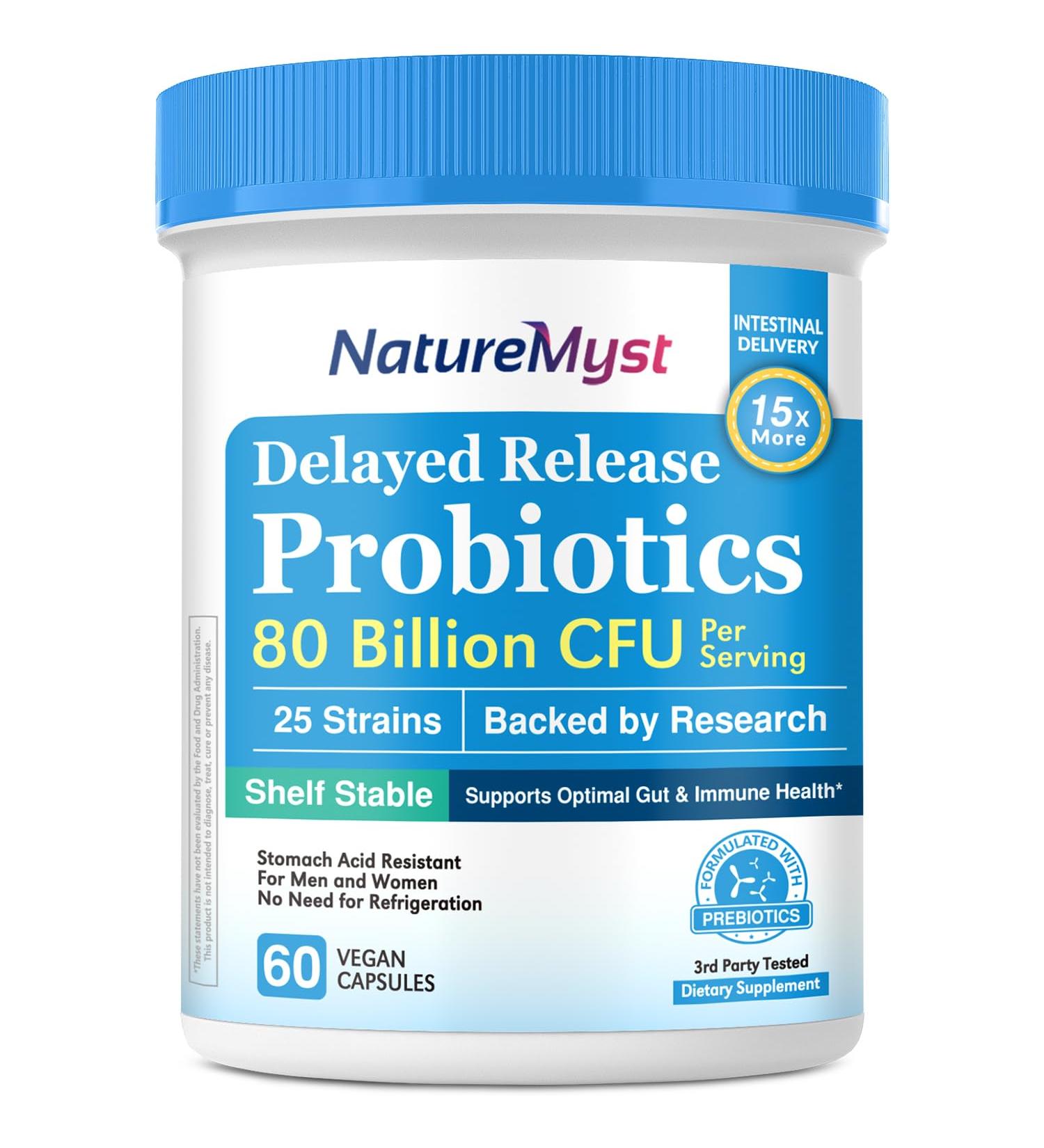 NatureMyst Probiotics for Men and Women 80 Billion CFU 25 Strains Plus Prebiotic Blend Gut & Immune Health Intestinal Balance Shelf Stable Delayed Release 60 Vegan Capsules - Buy Online on GoSupps.com