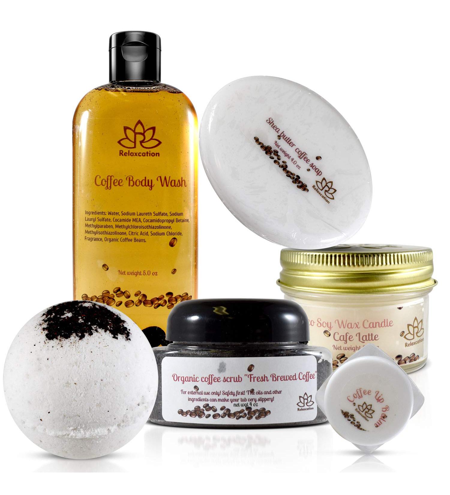 Bath and Spa Gift Set - Coffee Love: Relaxation with Coffee Brown Sugar Scrub, Bath Bomb, Candle, Body Wash, Shea Butter Soap, Lip Balm - Handmade in USA - Buy Online on GoSupps.com