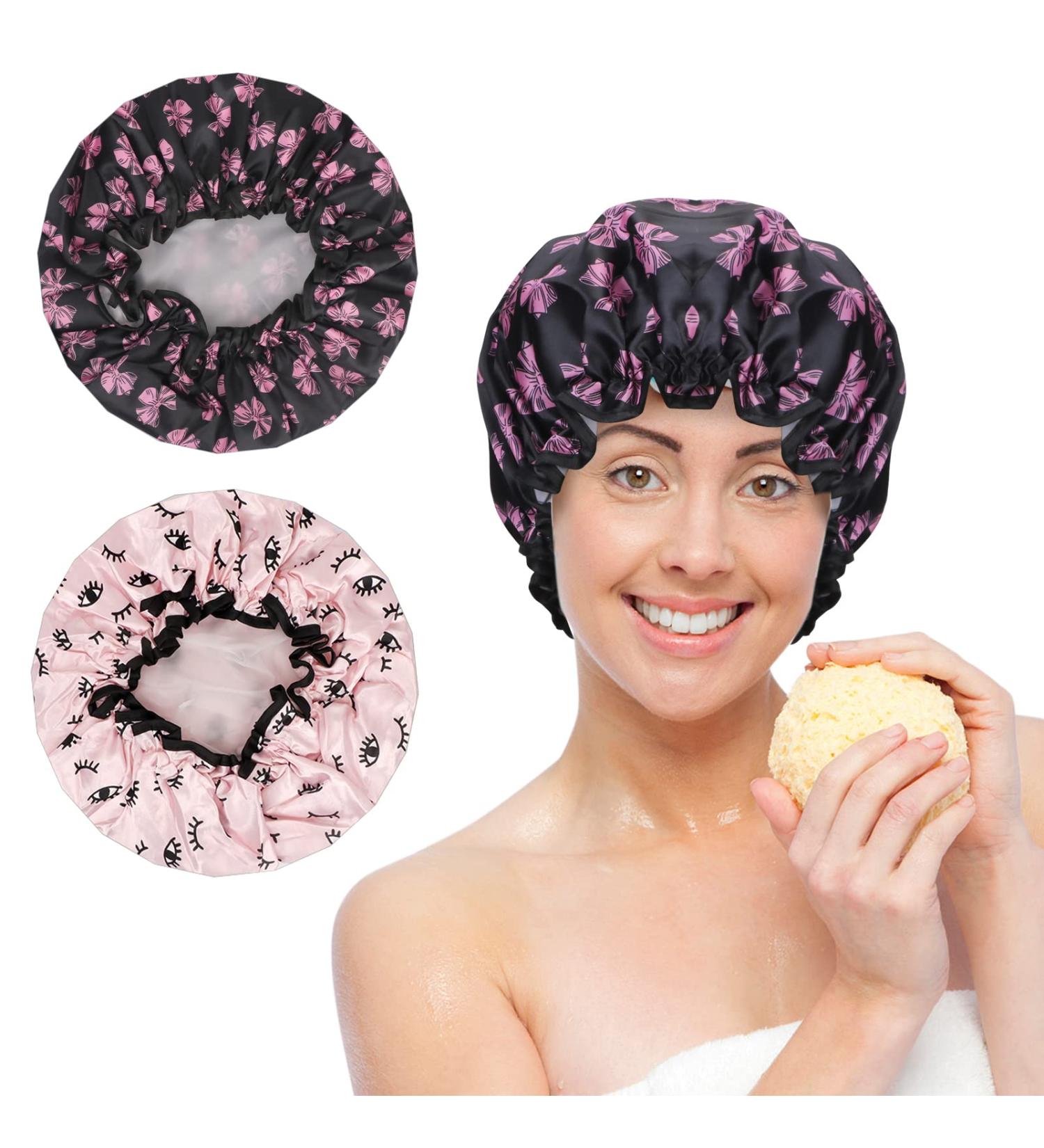 Arqumi 2 Pack Waterproof Satin Shower Cap Set - Pink+Black | Polyester Pattern Bath Cap with Elastic Band - Buy Online on GoSupps.com