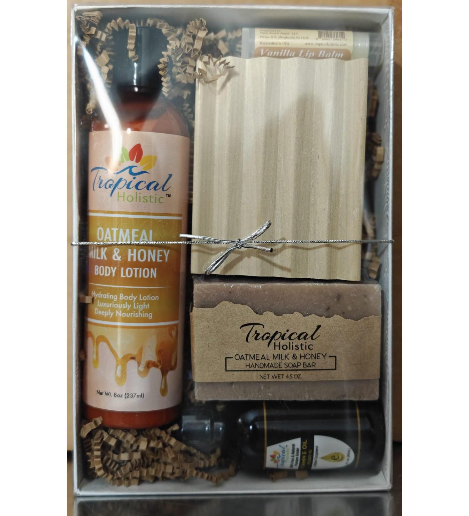 Natural Glow Essentials Gift Set Oatmeal Milk & Honey Lotion Soap Vanilla Lip Balm Premium Vitamin E Oil Wooden Soap Dish Luxurious Spa-Inspired Self-Care Gift Box