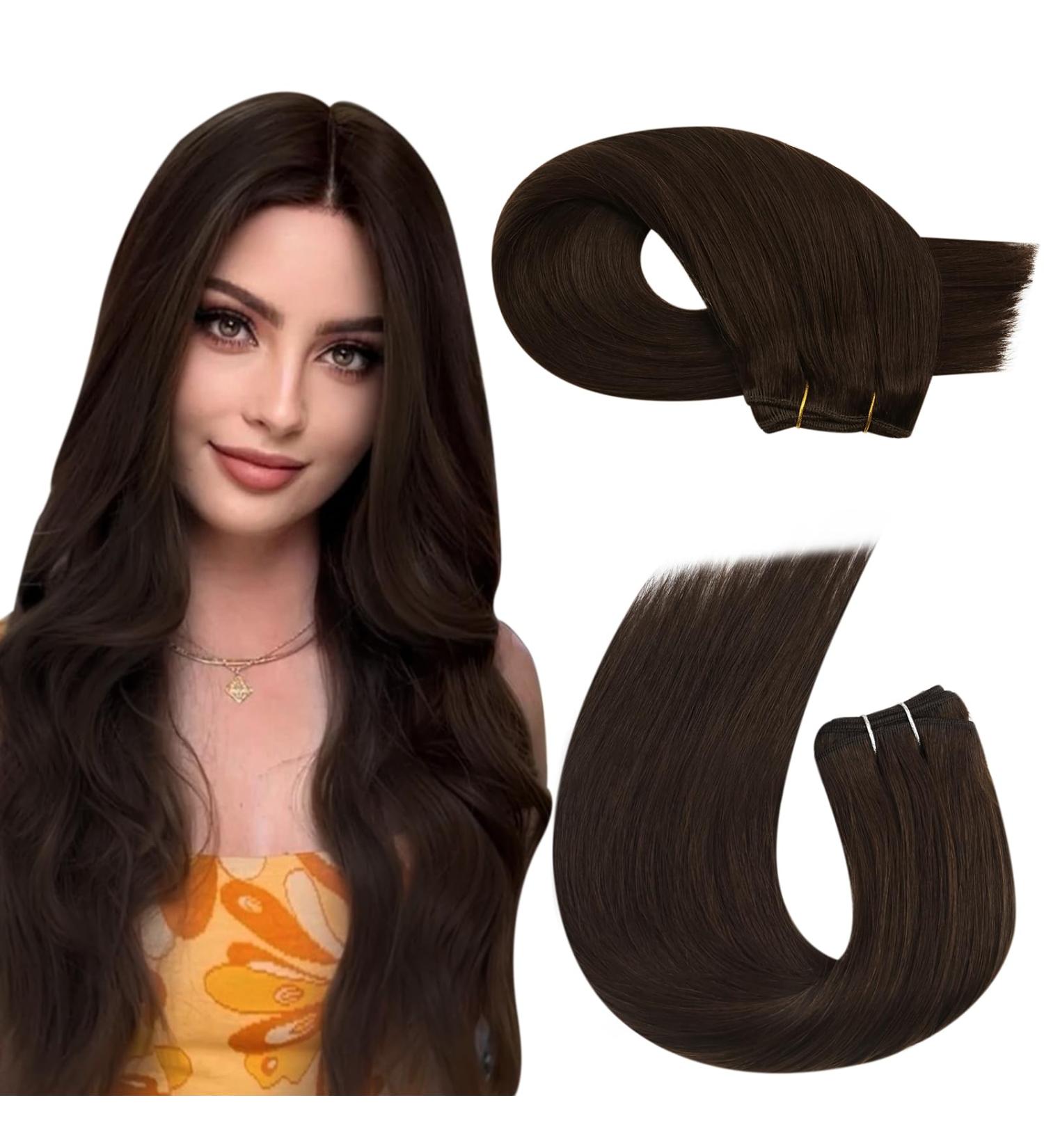 Moresoo Dark Brown Human Hair Weft Extensions 14 Inch 100g Pack 4 Real Sew in Hair Extensions