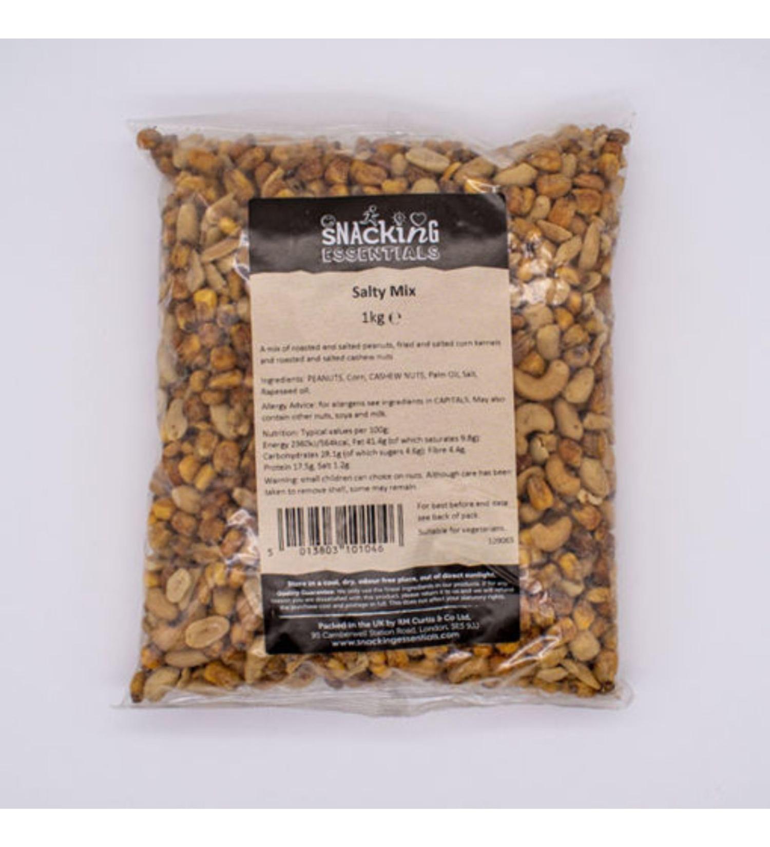 Snacking Essentials Salty Mix nut selection 1kg .A great bar snack or side the Salty Mix is a mix made of roasted salted peanuts fried and salted corn kernels and salted cashew nuts.