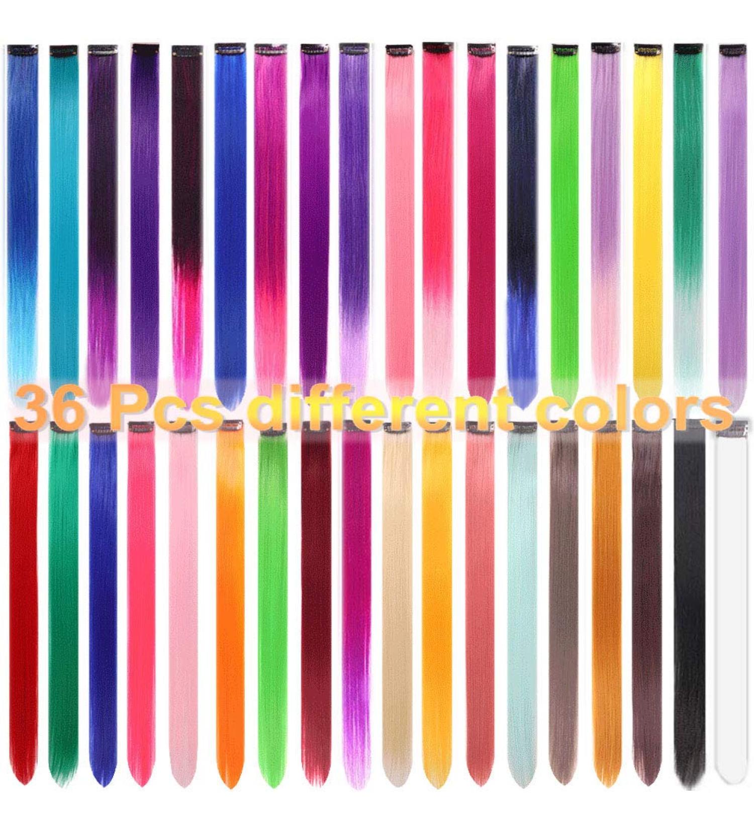 36PCS Colored Clip in Hair Extensions - 21 Rainbow Colors for Kids - Multi-Colors Party Highlights - Synthetic Hairpieces (36 Colors Set) - Buy Online on GoSupps.com