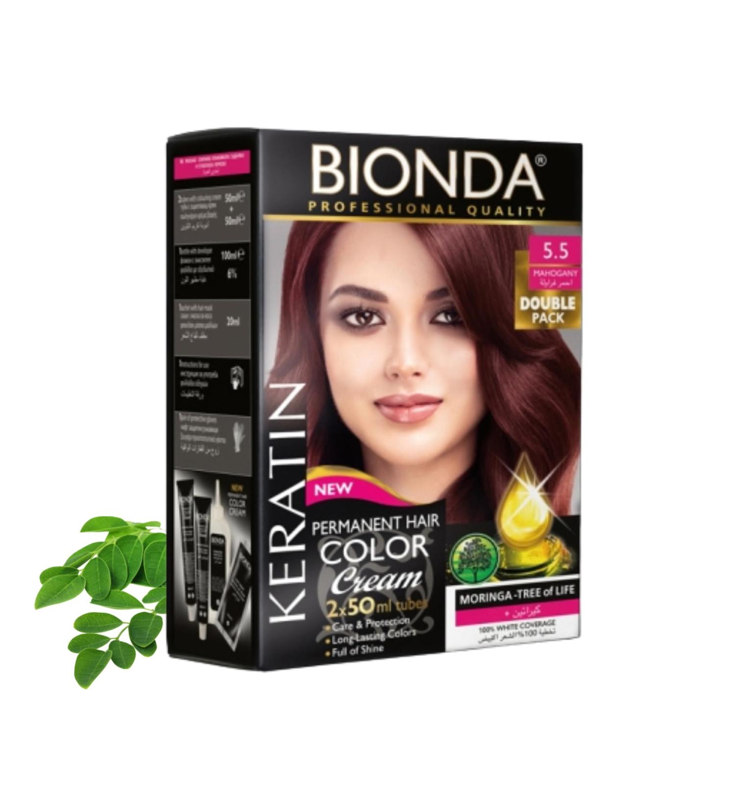 BIONDA Professional Permanent Hair Coloring Color Cream 55 Mahogany 200ml Double pack Keratin & Moringa Care Longlasting intensive color with shine 100 gray coverage - Buy Online on GoSupps.com