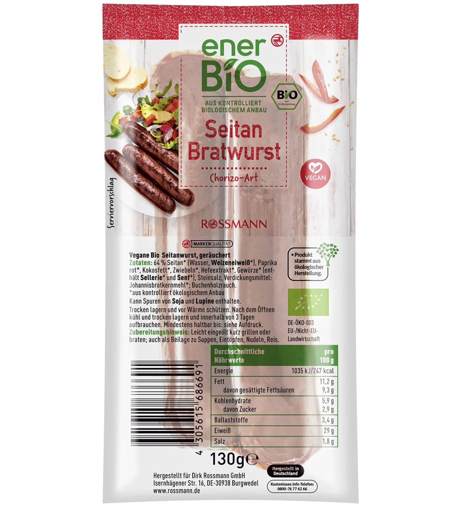 enerBIO Seitan Bratwurst Chorizo-Art (Vegan Sausage) 130g