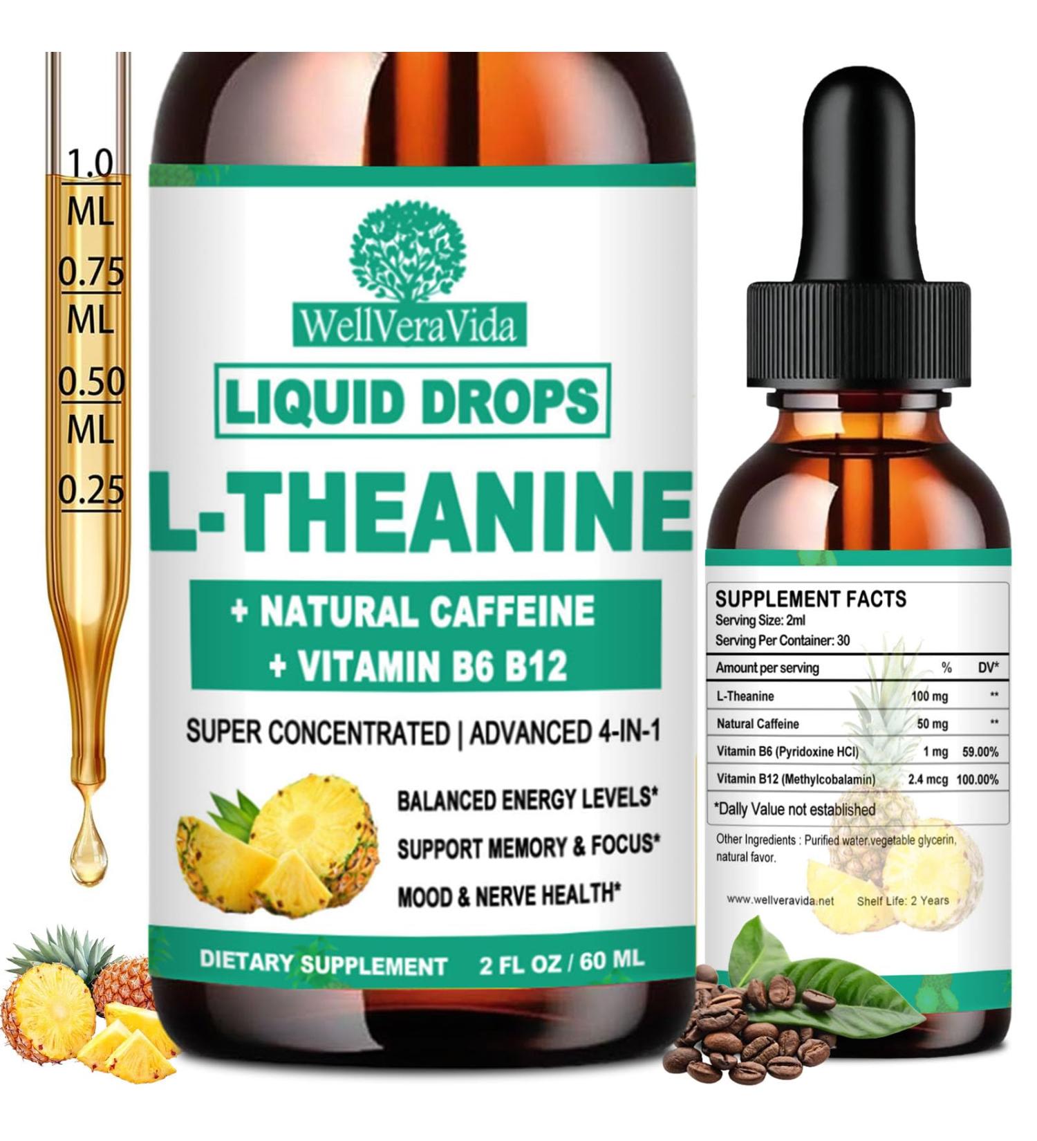 L Theanine Caffeine Liquid Drops High Potency L-Theanine 100mg w. Caffeine Vitamin B12 B6 Natural Nootropic Brain for Smooth Energy Focus Alertness 6X Stronger Than Pills Powder Gum - Buy Online on GoSupps.com
