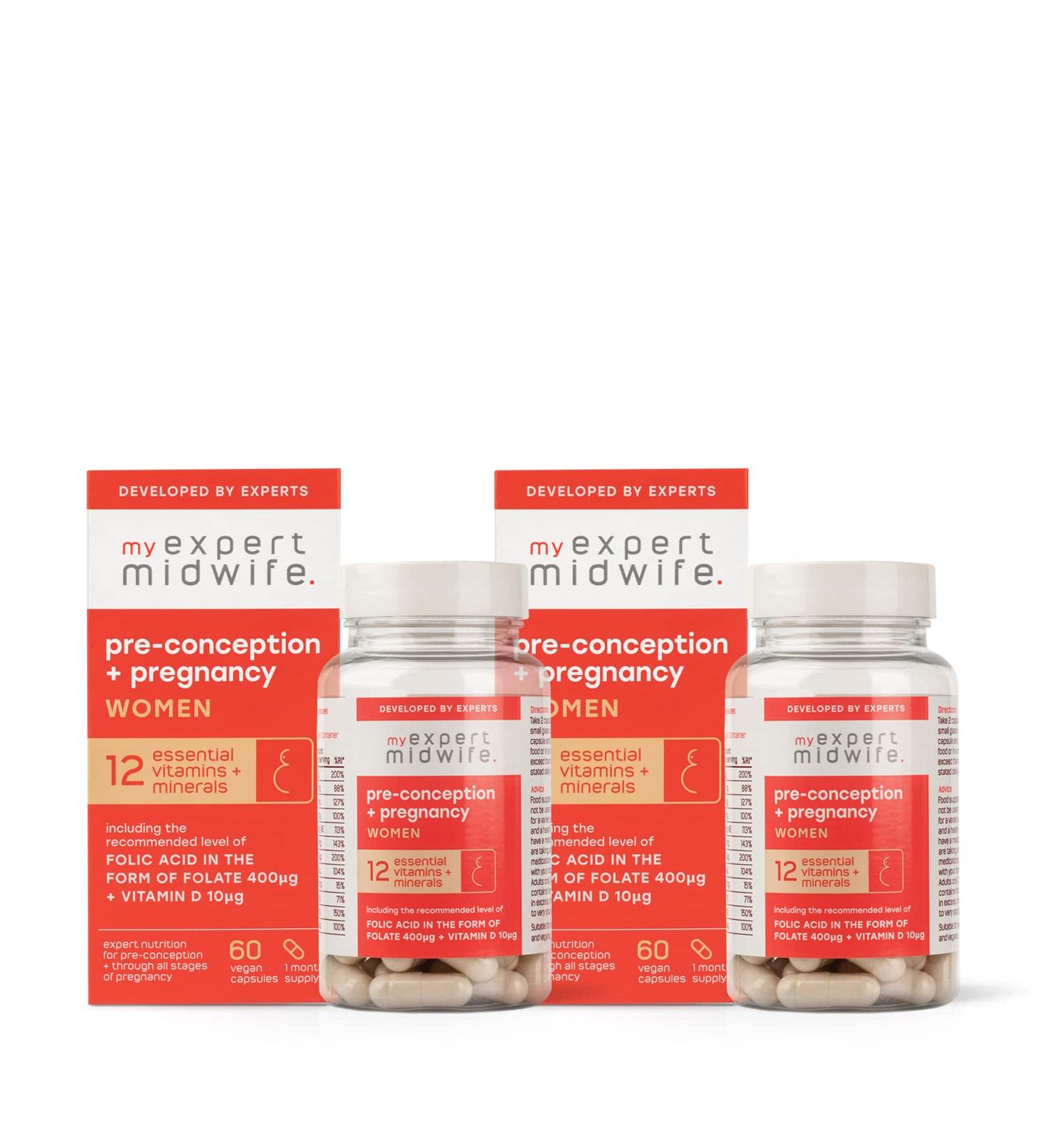 My Expert Midwife Pre-Conception & Pregnancy Women's Vegan Supplements 12 Essential Prenatal Vitamins & Minerals Including 400 g Natural Folic Acid from Folate 10 g Vitamin D 120 Capsules Womens Supplement Duo - Buy Online on GoSupps.com