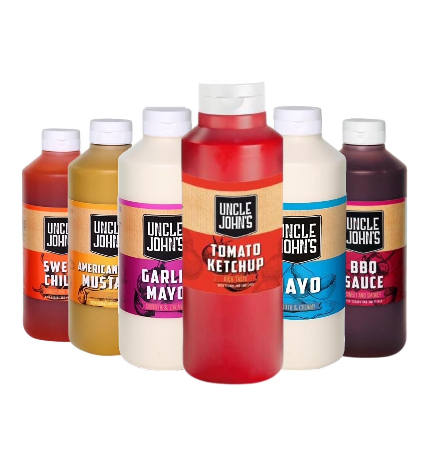 Uncle John Sauce & Mustard Pick N Mix - Choose From 5+ Flavors |Mayonnaise Garlic Mayonnaise Tomato Ketchup American Style Mustard BBQ Sweet Chilli | Pack of 3 x 1000ml - Buy Online on GoSupps.com