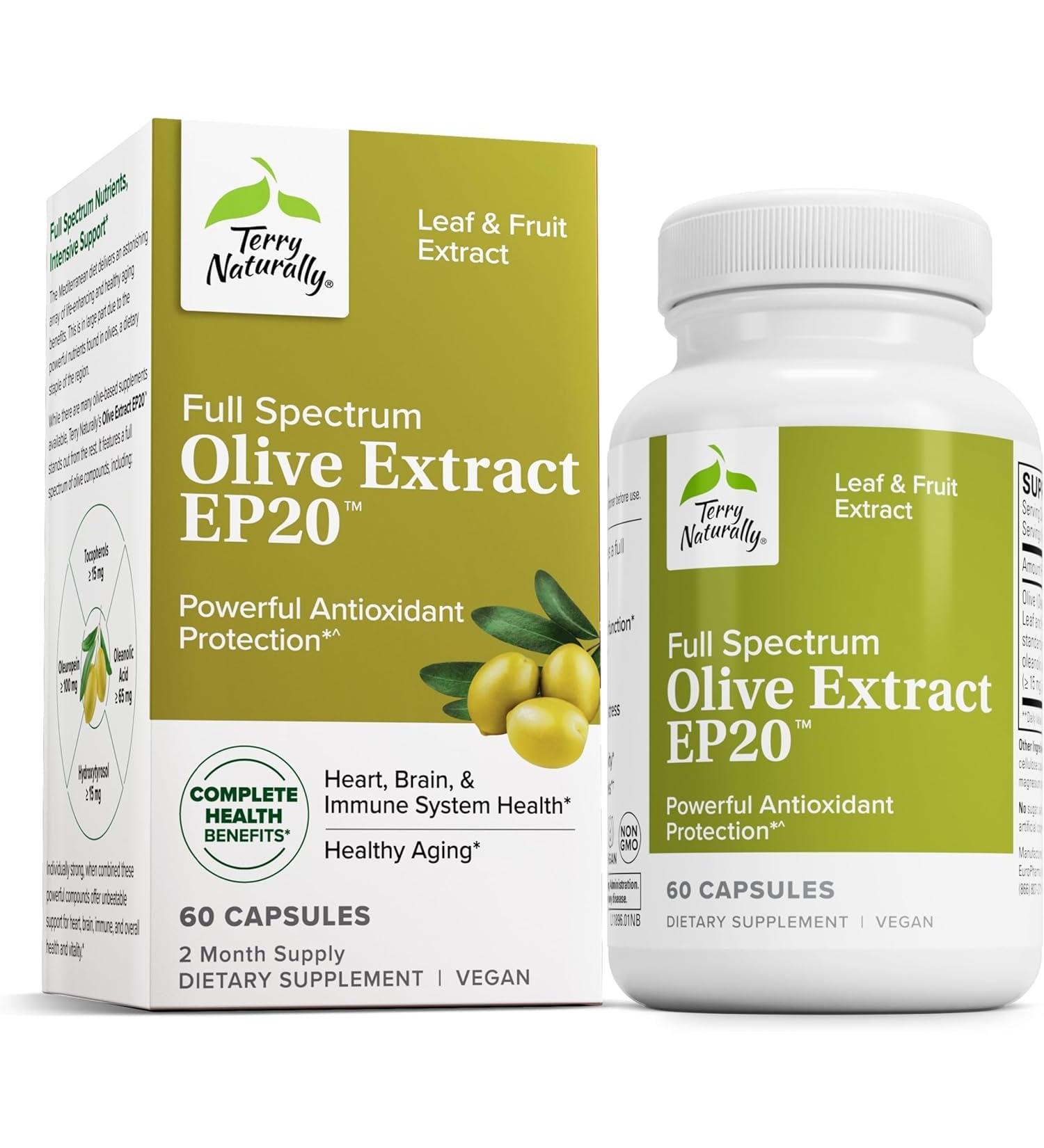Terry Naturally Olive Extract EP20 - Brain Health Support Supplement with Olive Leaf Extract - Herbal Supplement to Aid Healthy Immune System Function - 60 Capsules (60 Servings) - Buy Online on GoSupps.com