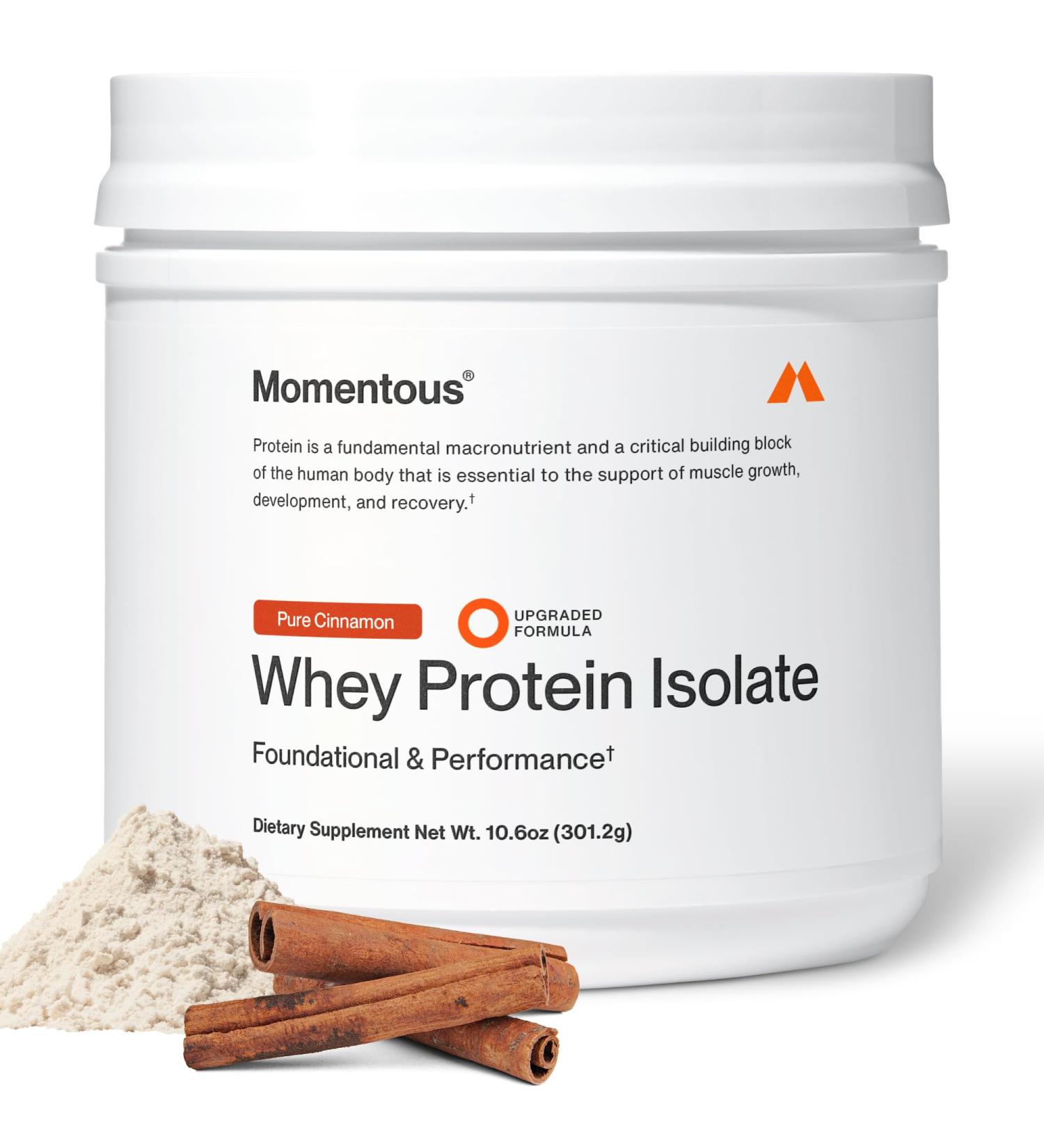 Momentous Essential Grass-Fed Whey Protein Powder - 20 g Whey Isolate Protein - NSF Certified for Sport - Gluten-Free - 12 Servings for Essential Everyday Use - Pure Cinnamon - Package May Vary - Buy Online on GoSupps.com