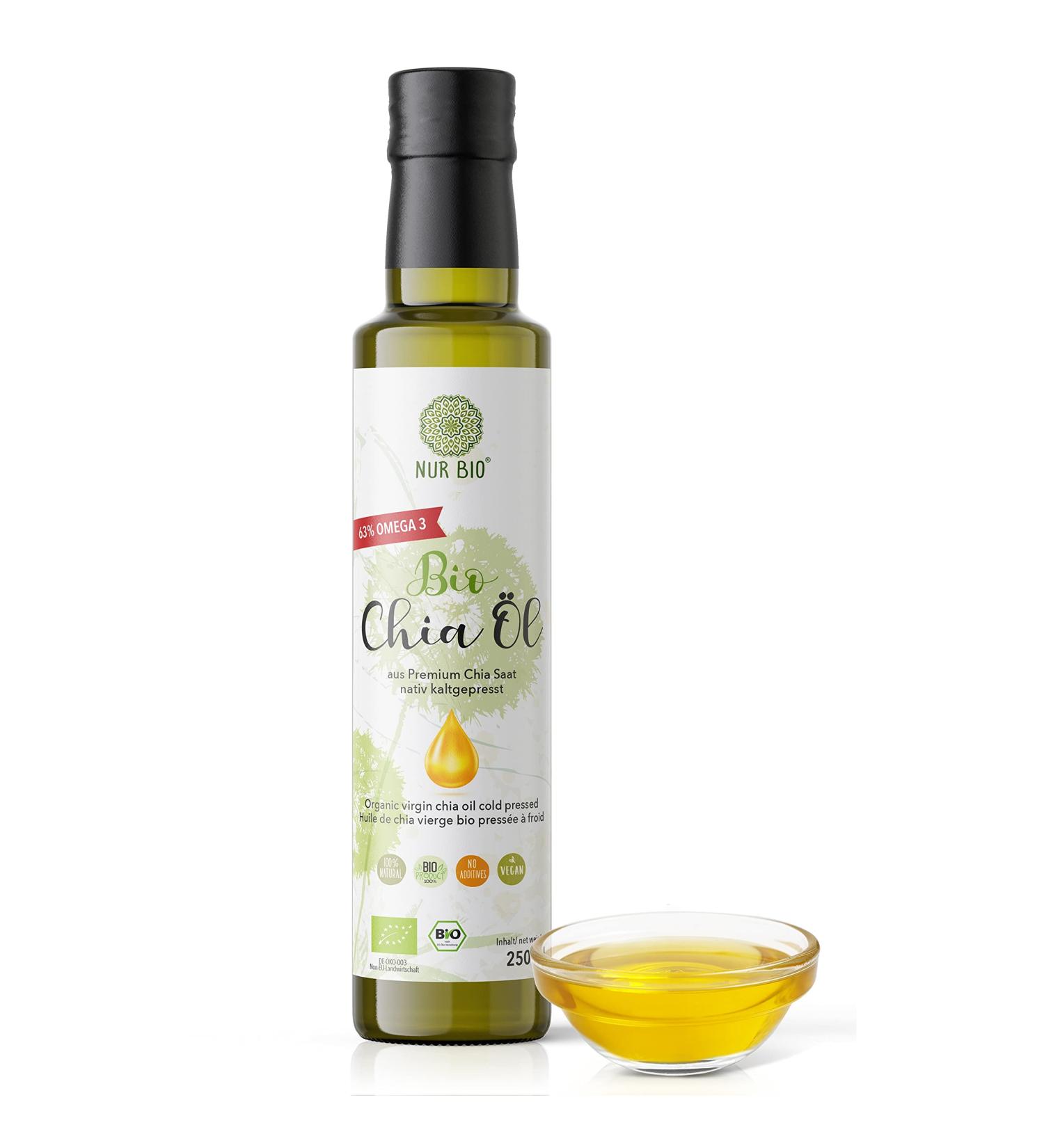 NurBio Organic Chia Oil 250ml - Cold-Pressed Nutty Flavor 63% Omega-3 Fatty Acids International Shipping - Buy Online on GoSupps.com